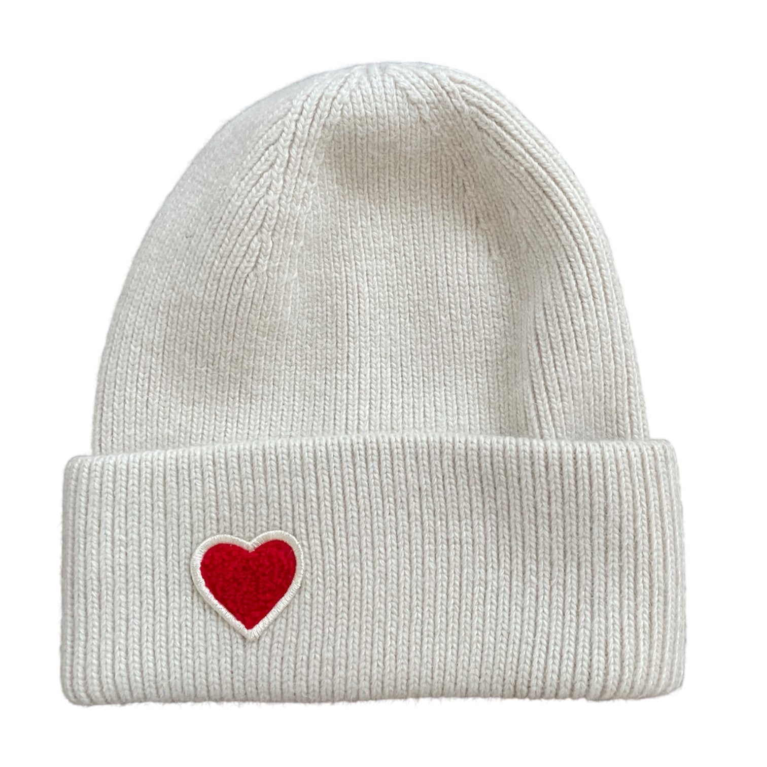 Cashmere Beanie mit Umschlag wollweiß Ivory mit Herz Patch Reiter Mütze