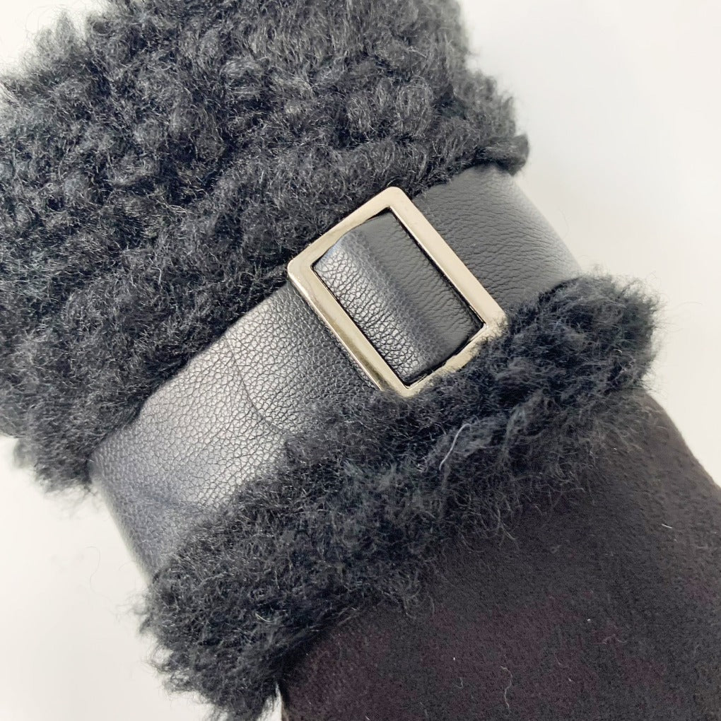 Damen Winterhandschuhe gefüttert Teddyfell Zierschnalle Wildlederoptik schwarz