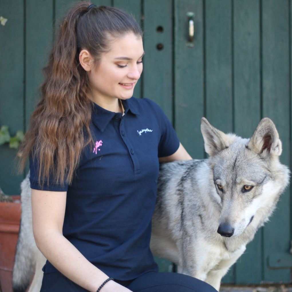 poloshirt reiten damen blau navy polo reitshirt mädchen reit poloshirt springstar spooks wolf hund