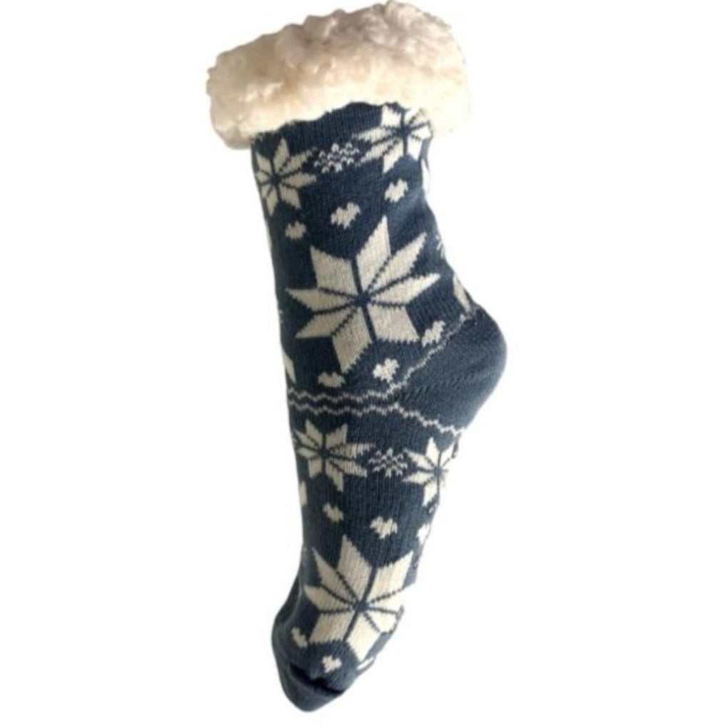 Hüttensocken Kuschelsocken gefüttert Teddyfutter Schneeflocke blau