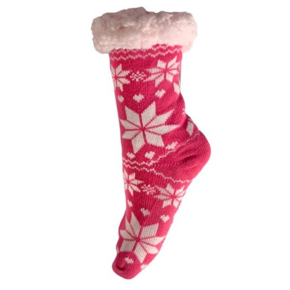 Hüttensocken Kuschelsocken gefüttert Teddyfutter Schneeflocke pink