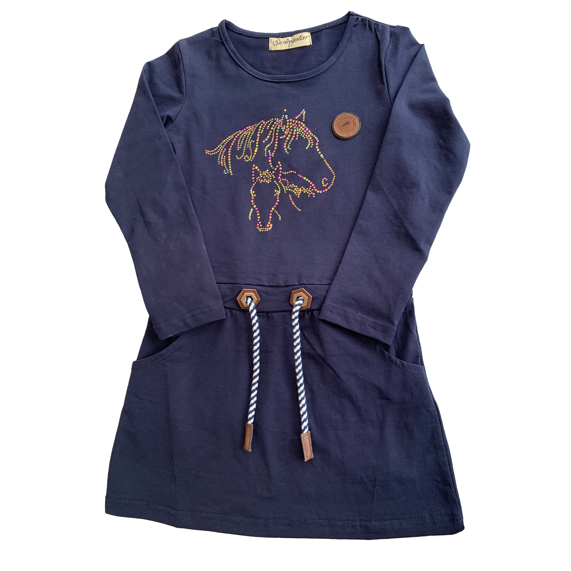 Mädchenkleid langarm dunkelblau Glitzer Pferdemotiv Glitzerkleid KInder Sweatkleid