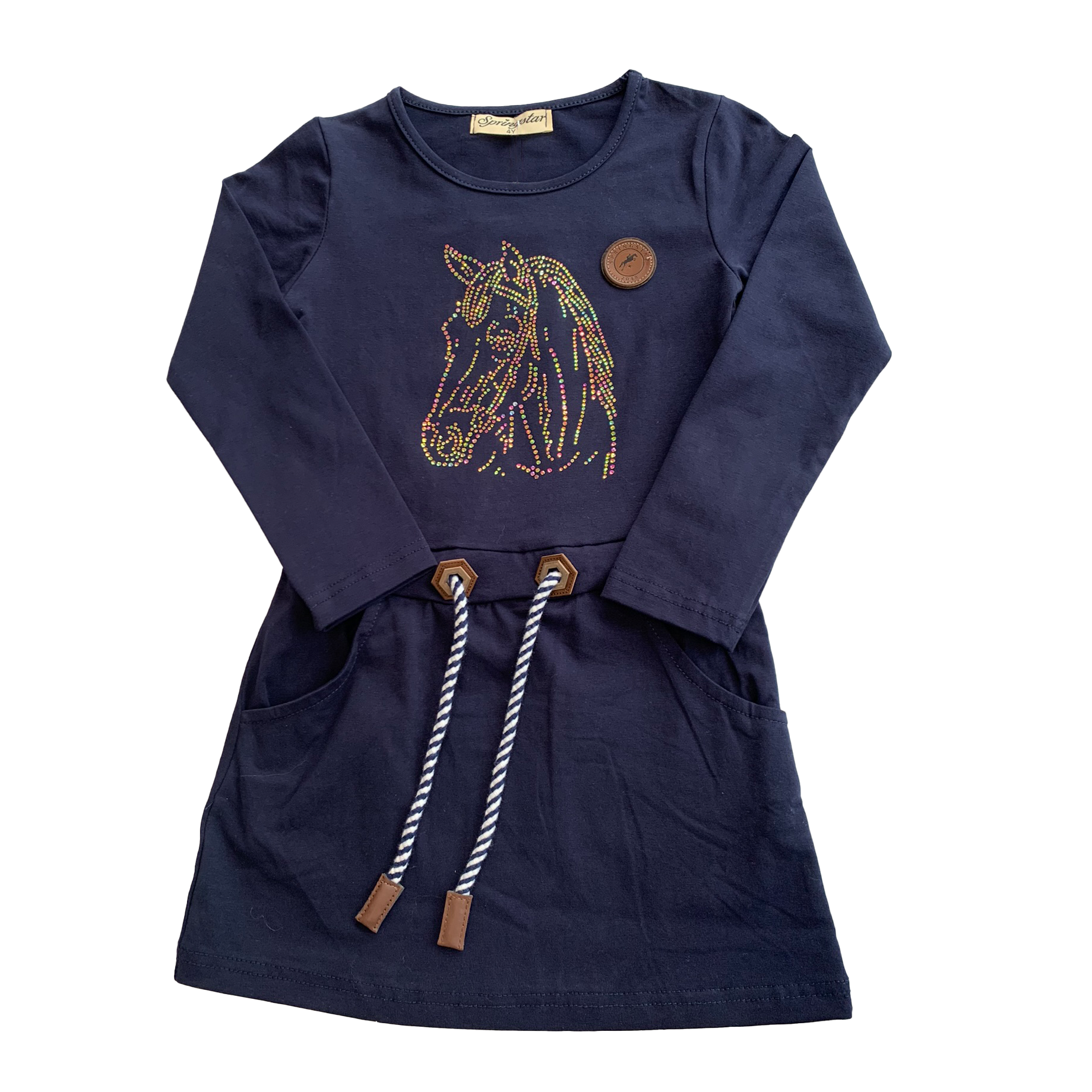Mädchenkleid langarm dunkelblau Glitzer Pferdemotiv Glitzerkleid KInder Sweatkleid
