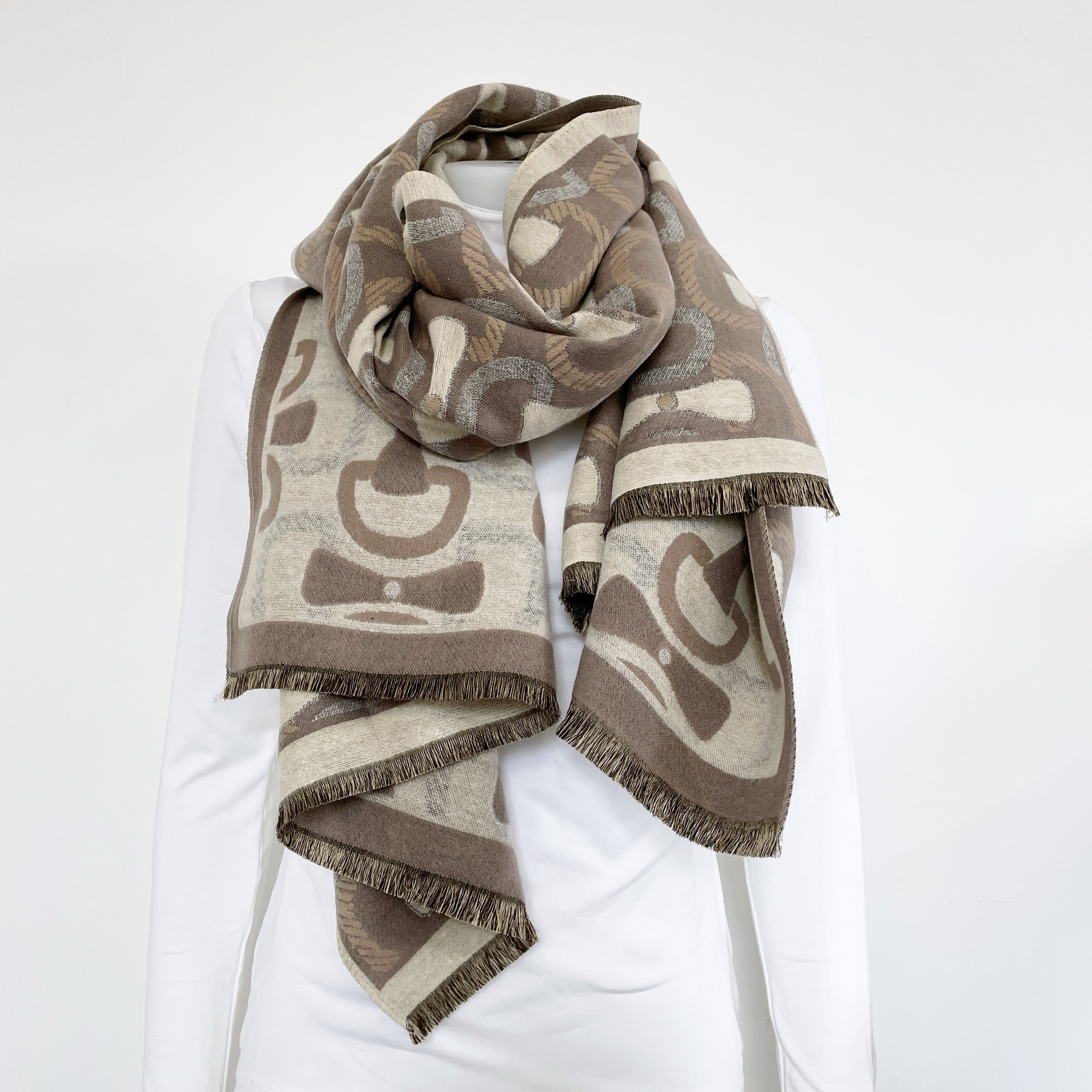 muster wollschal janine springstar gebissmotiv beige braun kleine fransen