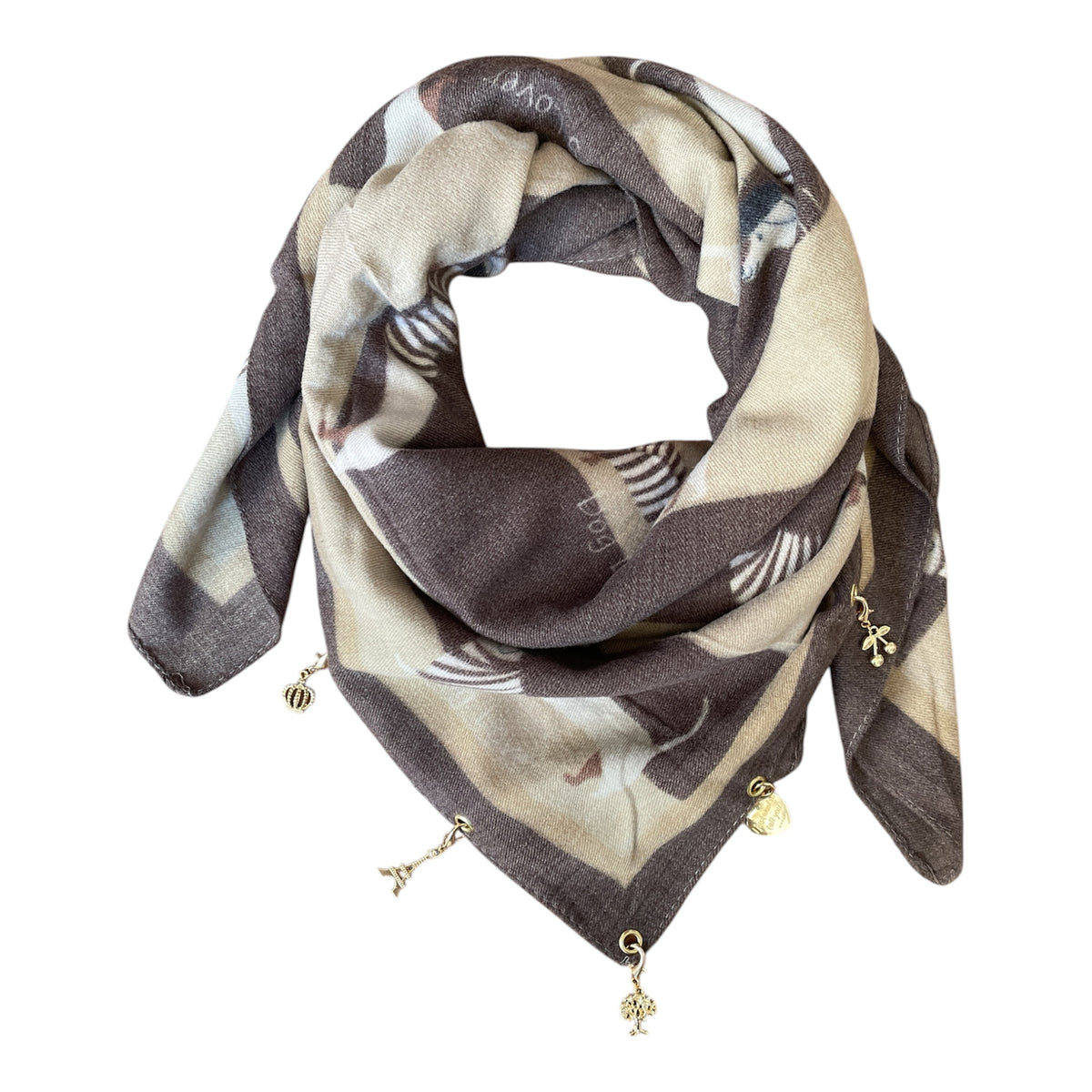 Schal mit Anhängern Charms in Gold und Dackelmotiv Braun