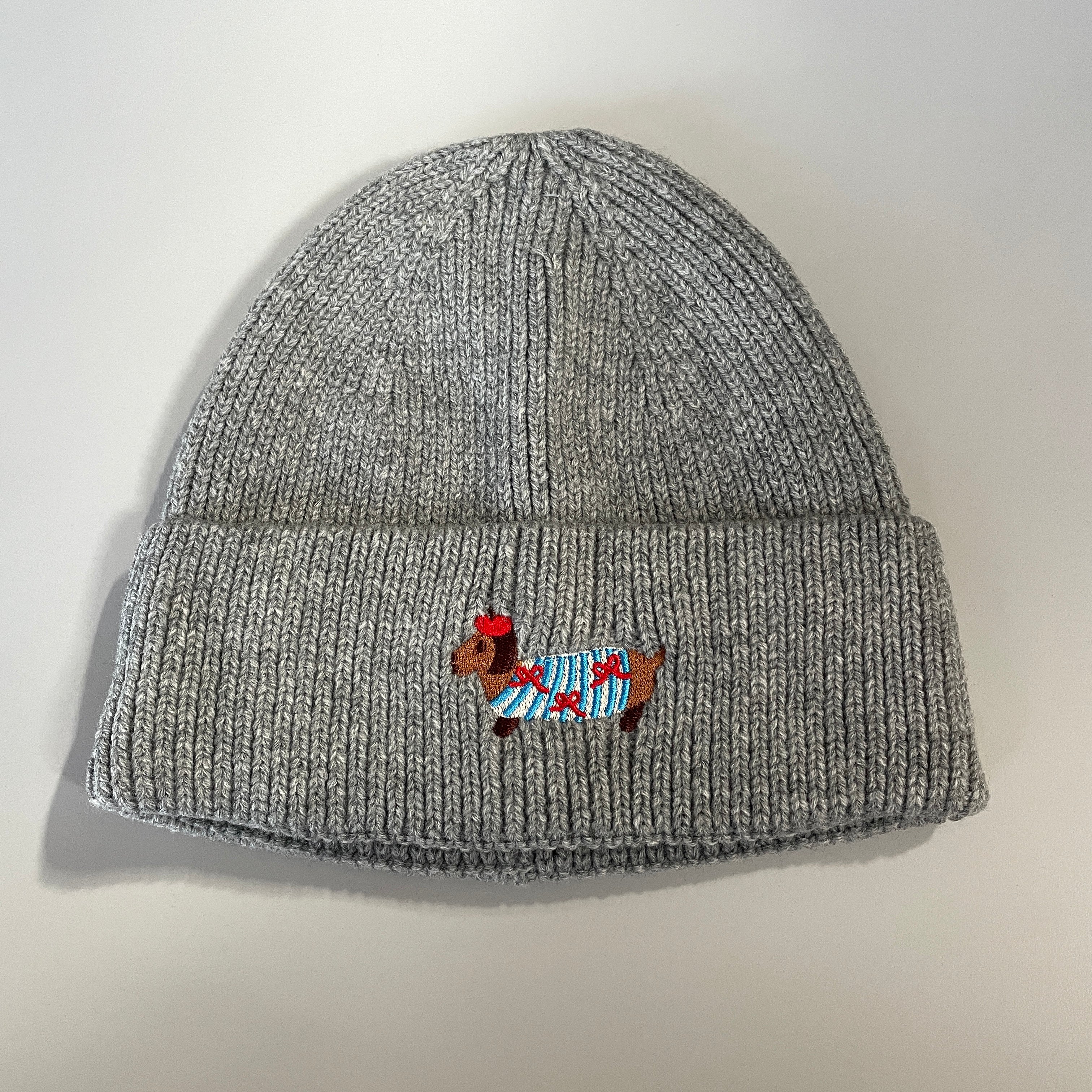 strickmütze damen beanie mit hundemotiv dackel mütze wintermütze hundestickerei grau