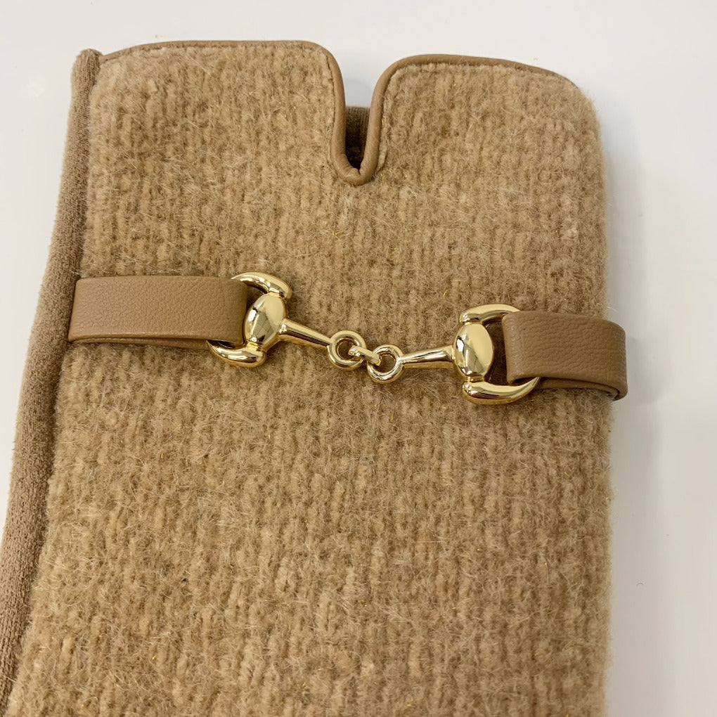 Touchscreen Handschuhe mit Gebissschnalle gold Wildleder beige Feinstrickoptik