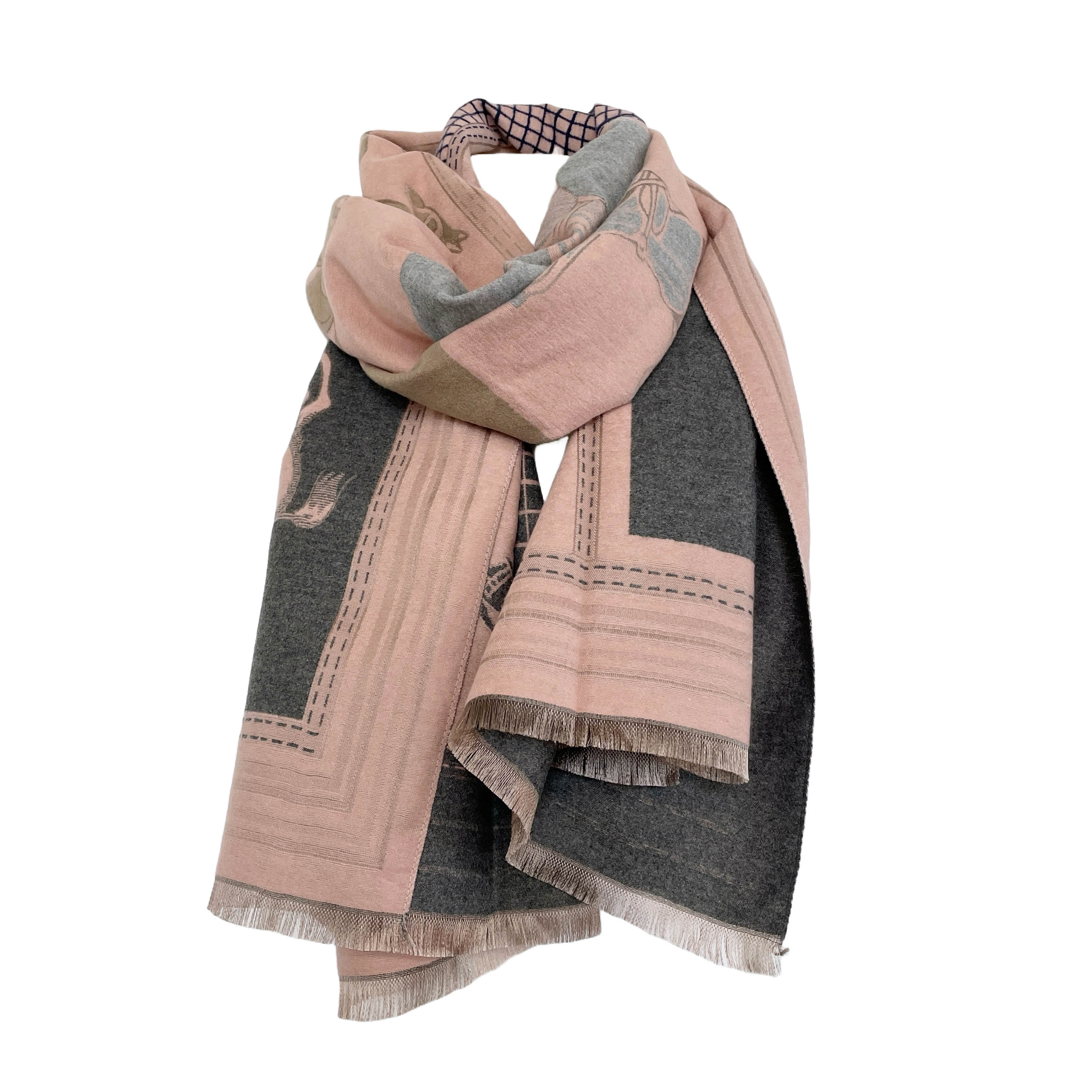 edler wollschal mit pferdemotiv rosa grau marineblau