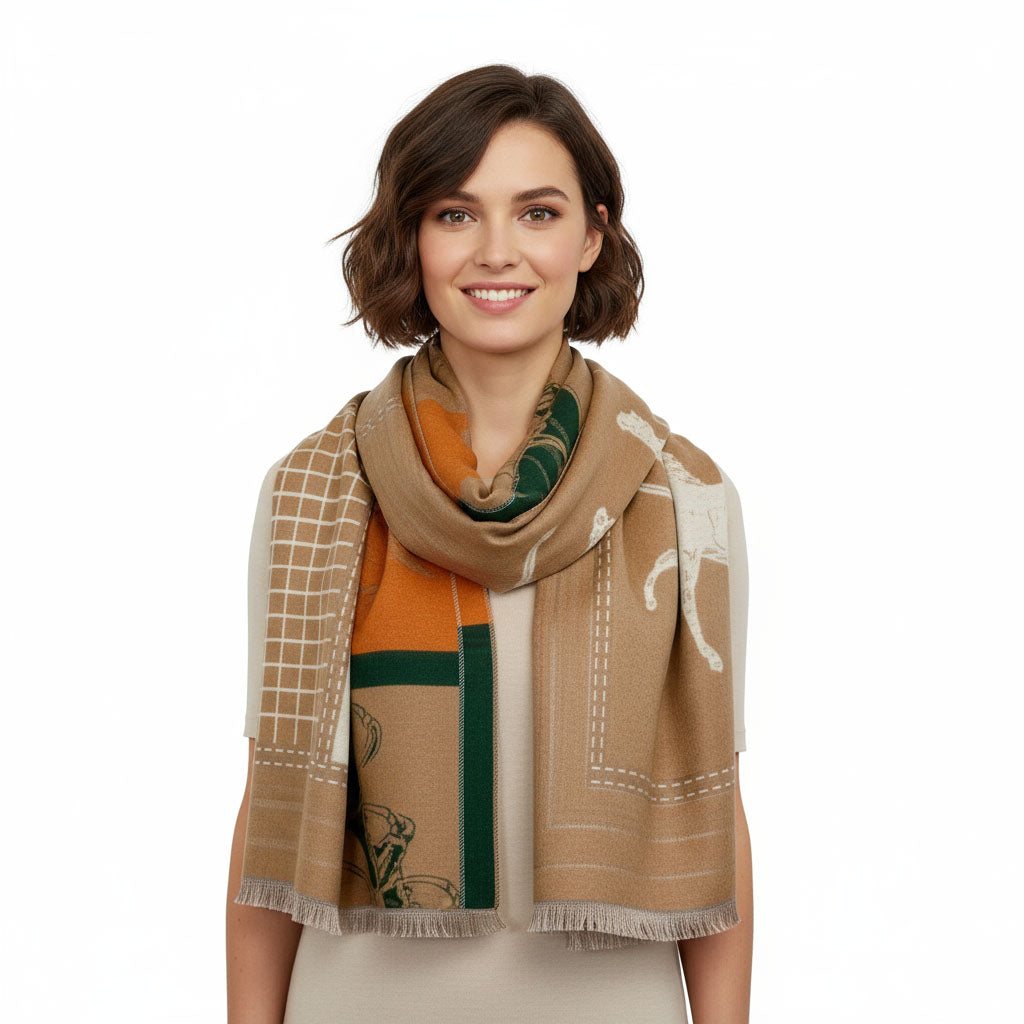 edler wollschal mit pferdemotiv beige orange