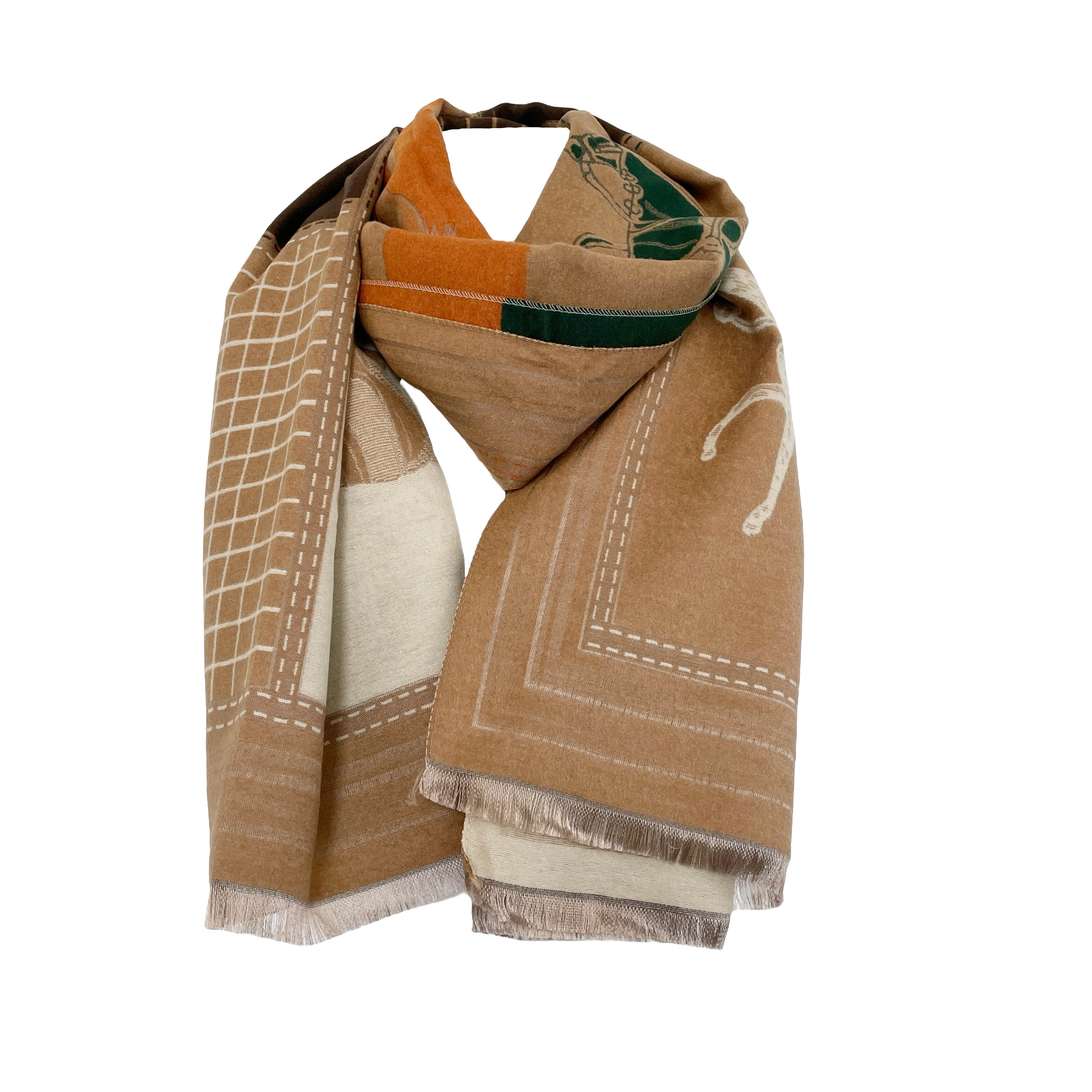 edler wollschal mit pferdemotiv beige orange