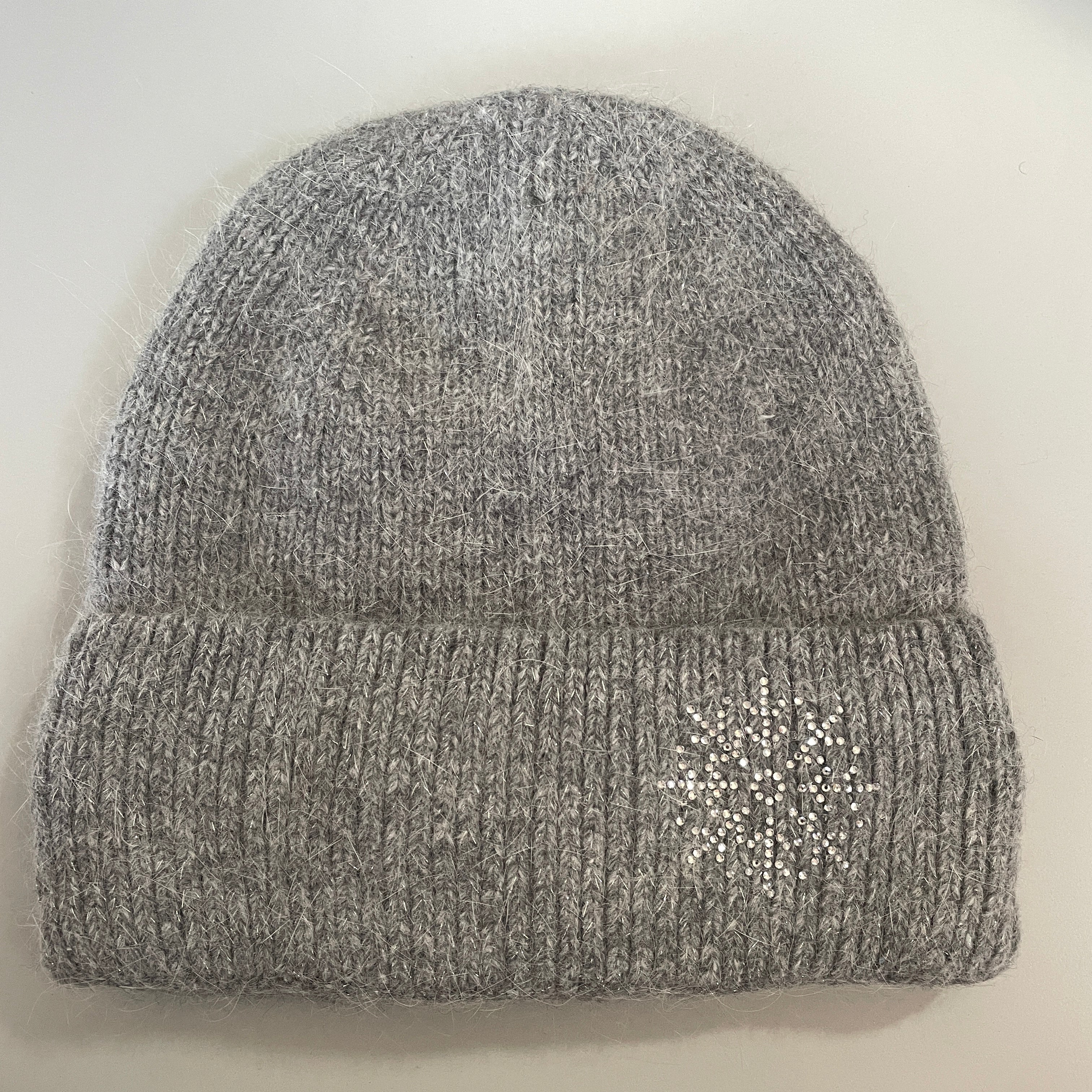 angora mütze beanie wollmütze winter damen glitzer strass schneeflocke grau weiches fleecefutter gefütterte mütze