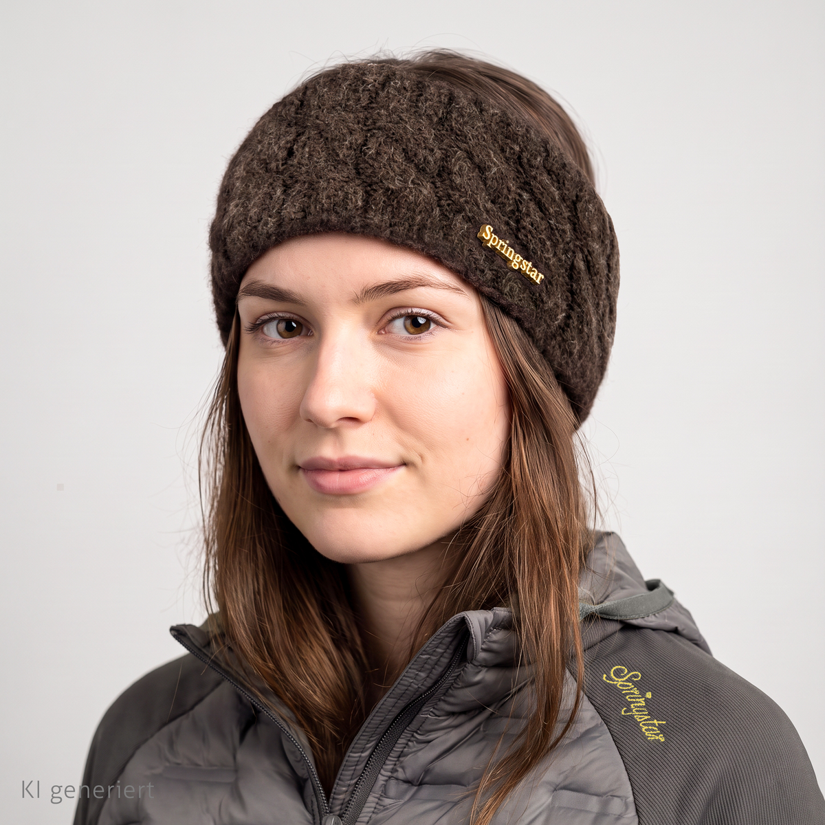 breites strick stirnband svenja braun tragebild jacke bella grau