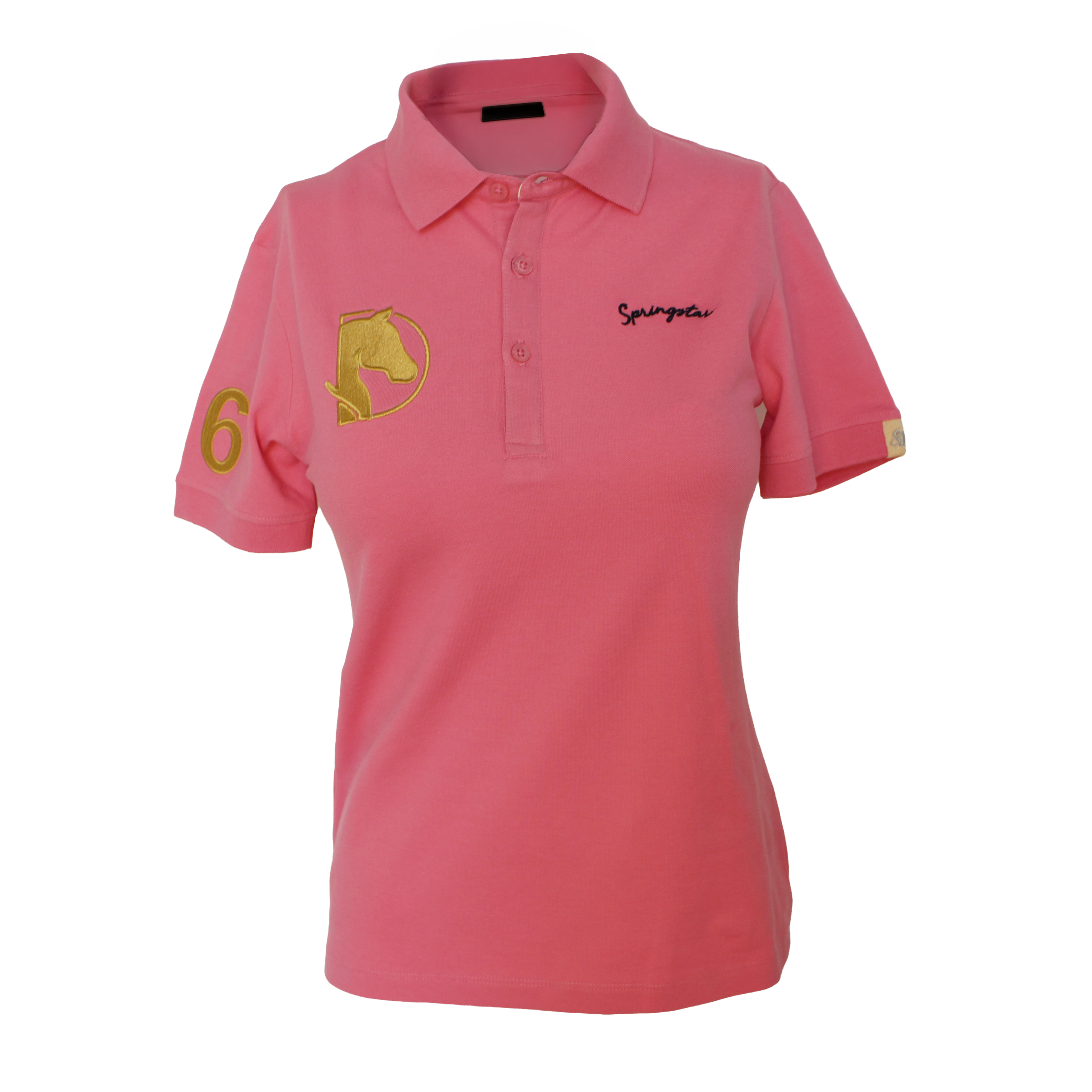 Vorderansicht des pinkfarbenen Springstar Damen Reit-Poloshirts aus der exklusiven Hamburg Derby 2026 Edition mit edler goldener Logo-Stickerei.