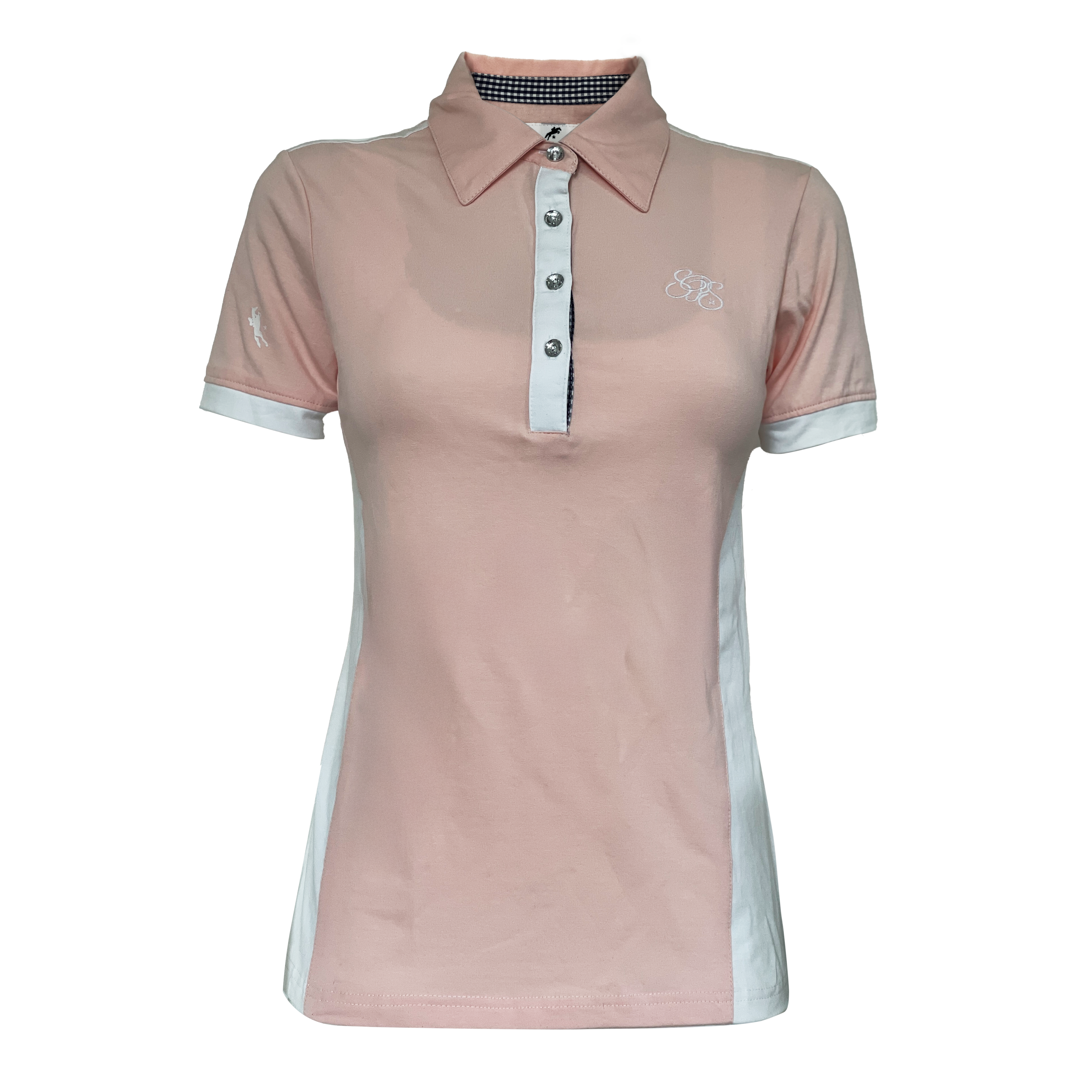 poloshirt mit logo, poloshirt reiten, rosa, spooks, pikeur, reitshirt, turniershirt, karomuster, glitzersteine, stehkragen, poloshirt rosa reiter outfit damen polo shirt reiteroutfit funktionsshirt