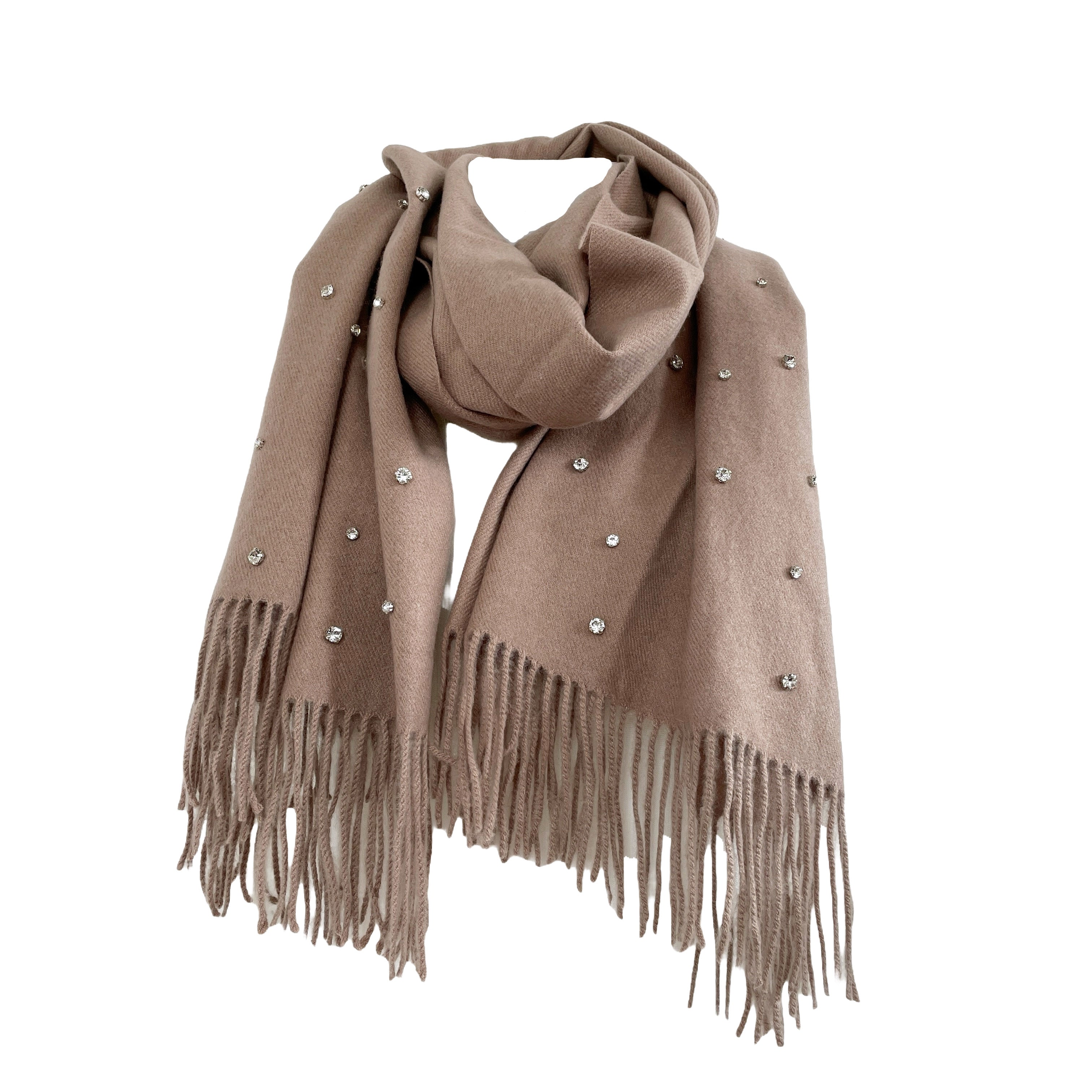 damen wollschal mit fransen und glitzersteinen in beige
