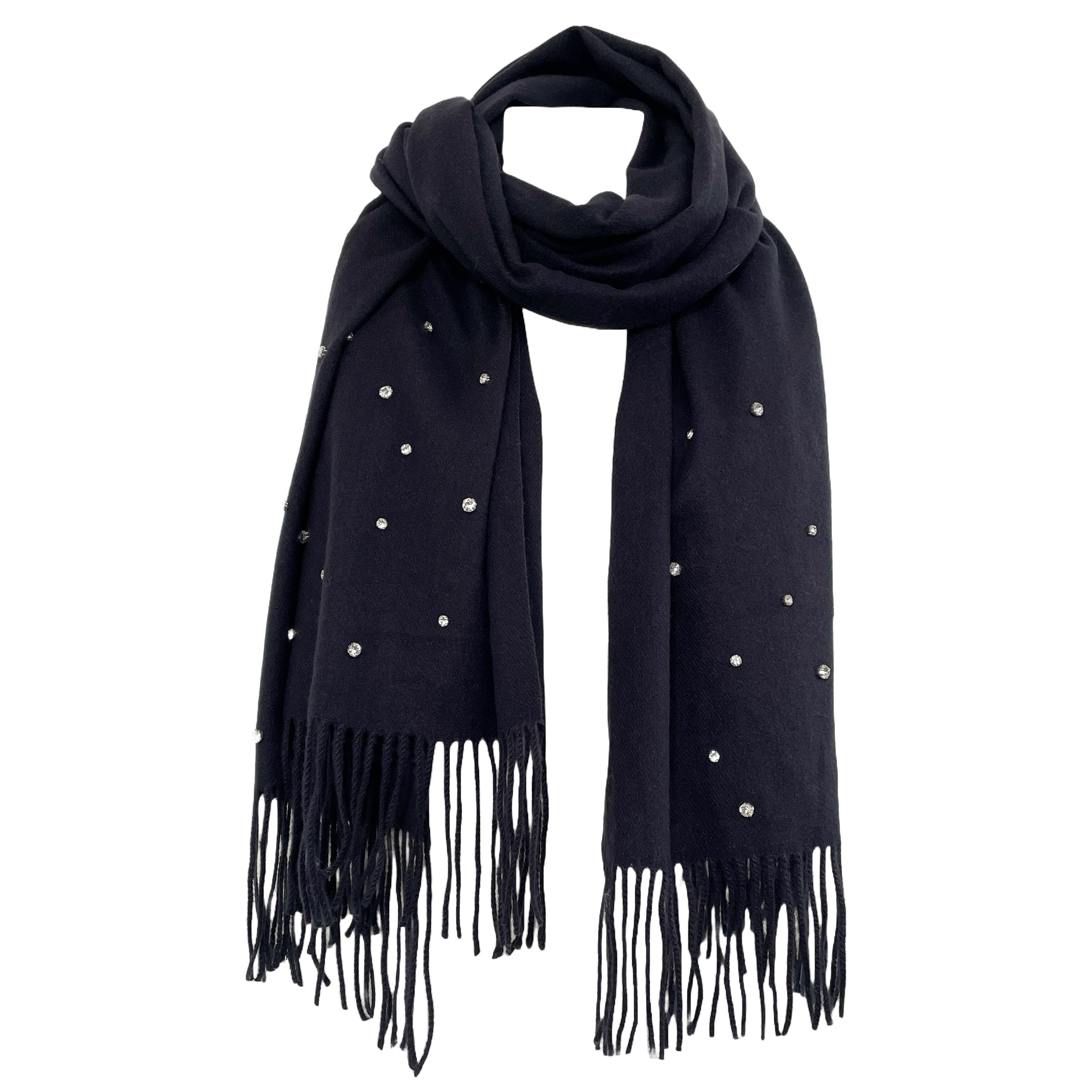 damen wollschal mit fransen und glitzersteinen in dunkelblau