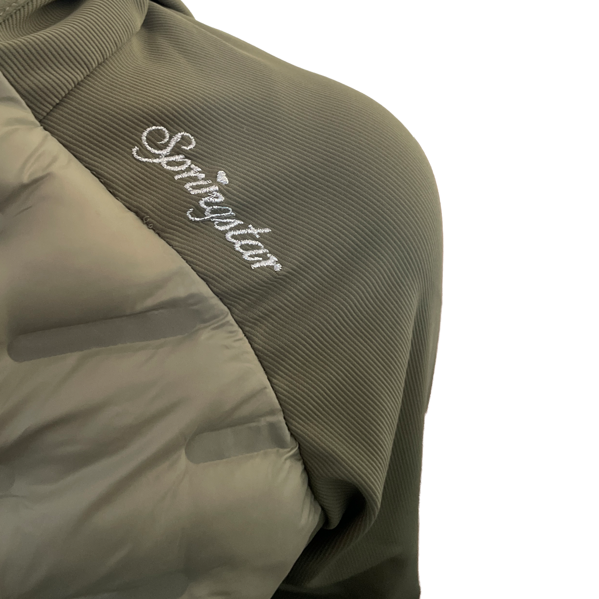 Damen Funktions Reitjacke Bella Springstar Hybrid Übergangsjacke leichte Steppjacke mit Kapuze Khaki Silber Bestickung