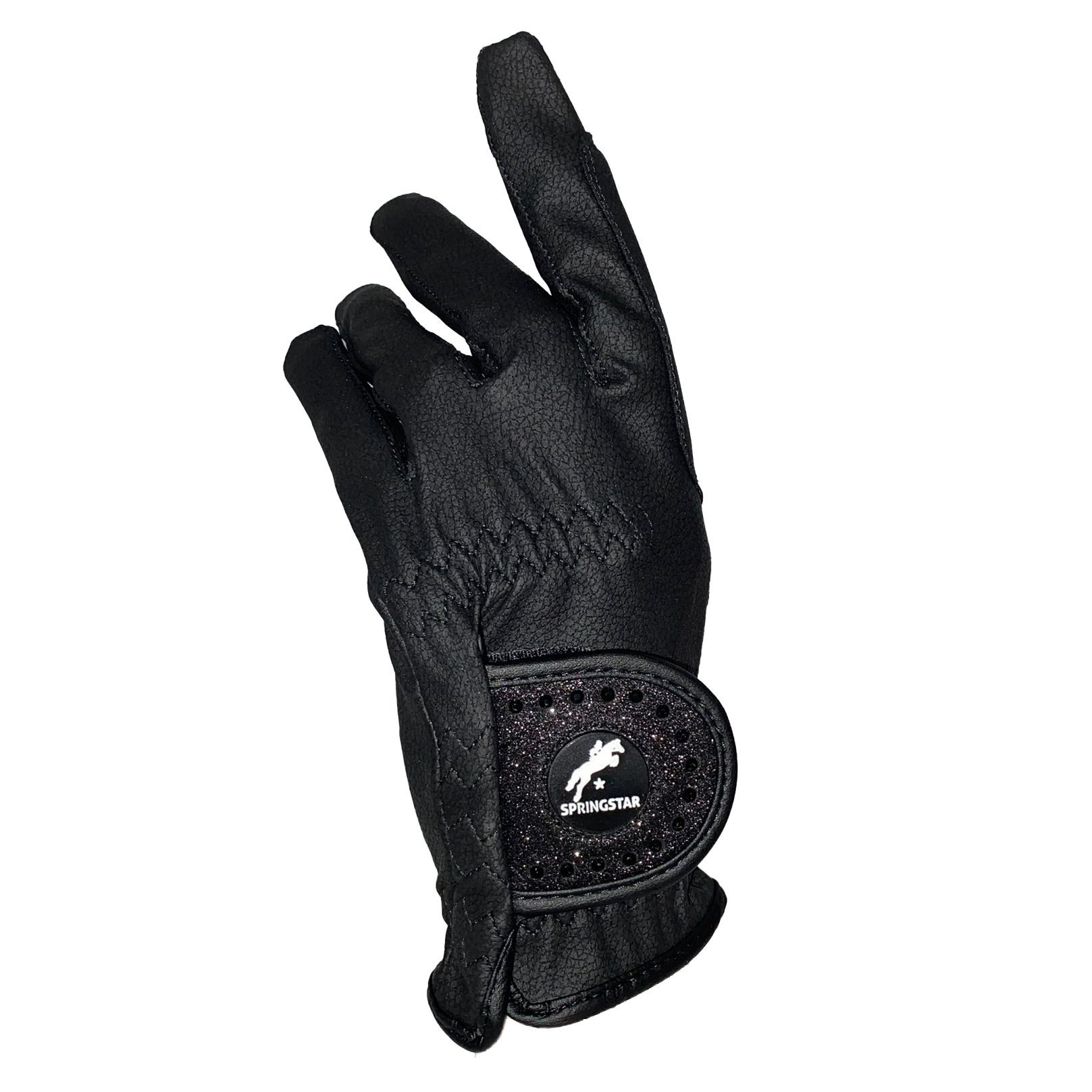 Handrücken des schwarzen Springstar Reithandschuhs Dora mit feiner Leder-Optik und Strasssteinen auf dem Glitzer-Klettverschluss.