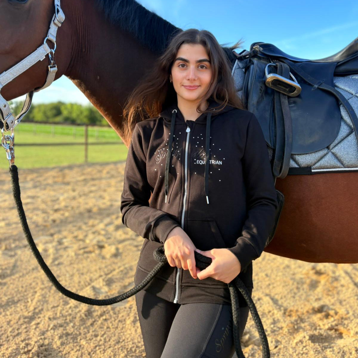 Springstar Damen Hoodie mit Strass Anouk schwarz Reitmode Kapuzenpullover Equestrian Glitzer Sweatjacke mit Kapuze