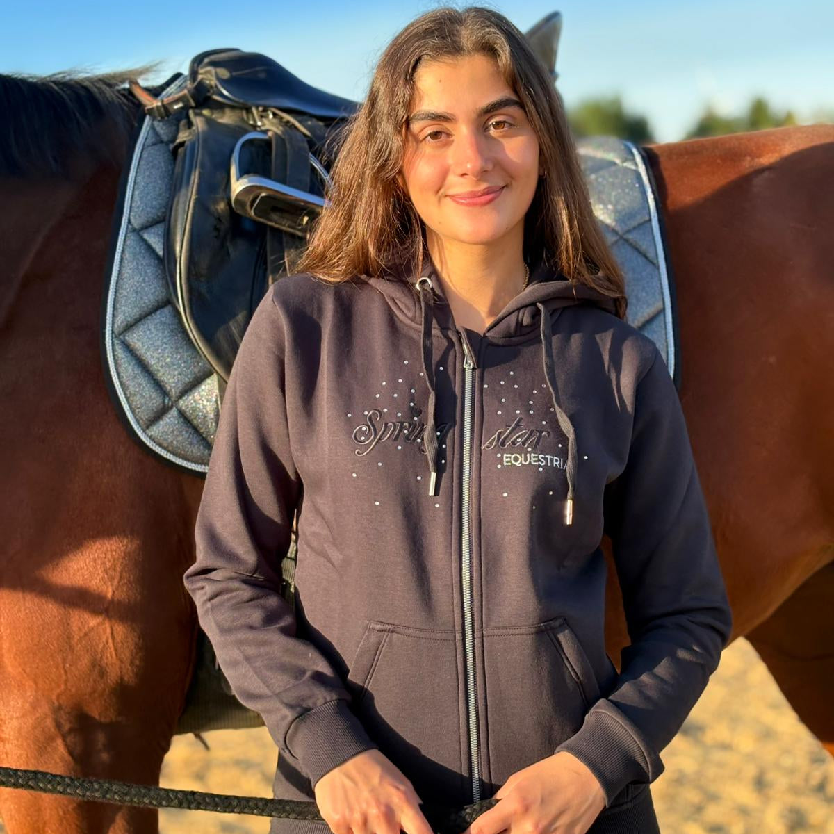 Springstar Damen Hoodie mit Strass Anouk dunkelblau navy Reitmode Kapuzenpullover Equestrian Glitzer Sweatjacke mit Kapuze