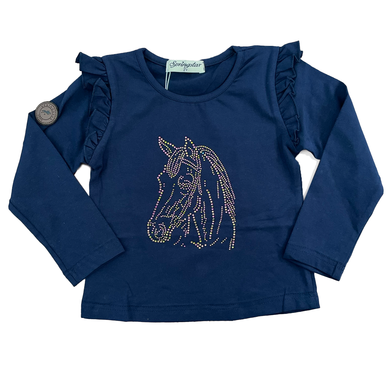 kinder langarmshirt regenbogen strass glitzersteine pferdemotiv rüschen dunkelblau