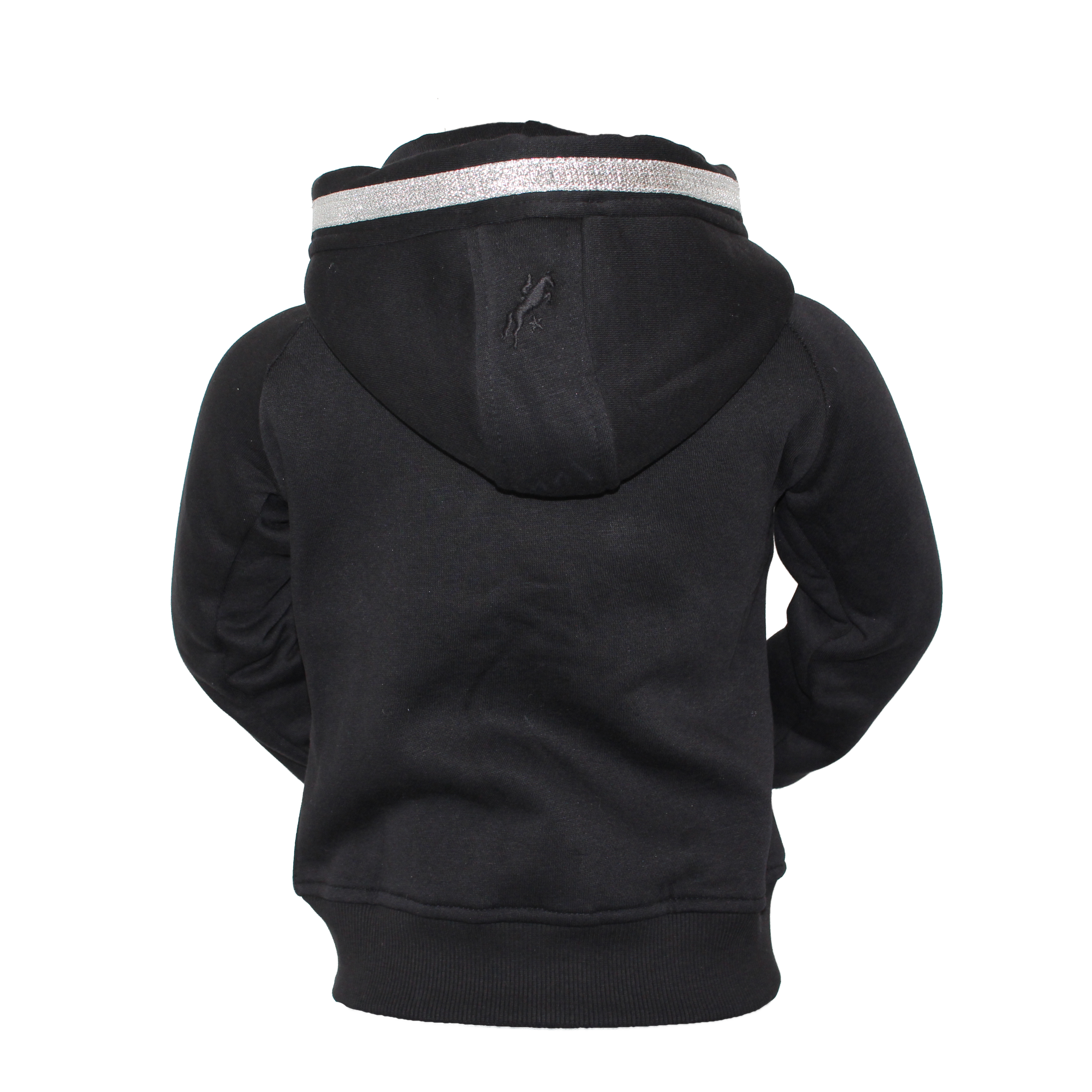 Rückansicht der schwarzen Springstar Kinder Kapuzenjacke Ariel mit glitzerndem Silberband und dezentem Pferdestick auf der Kapuze.