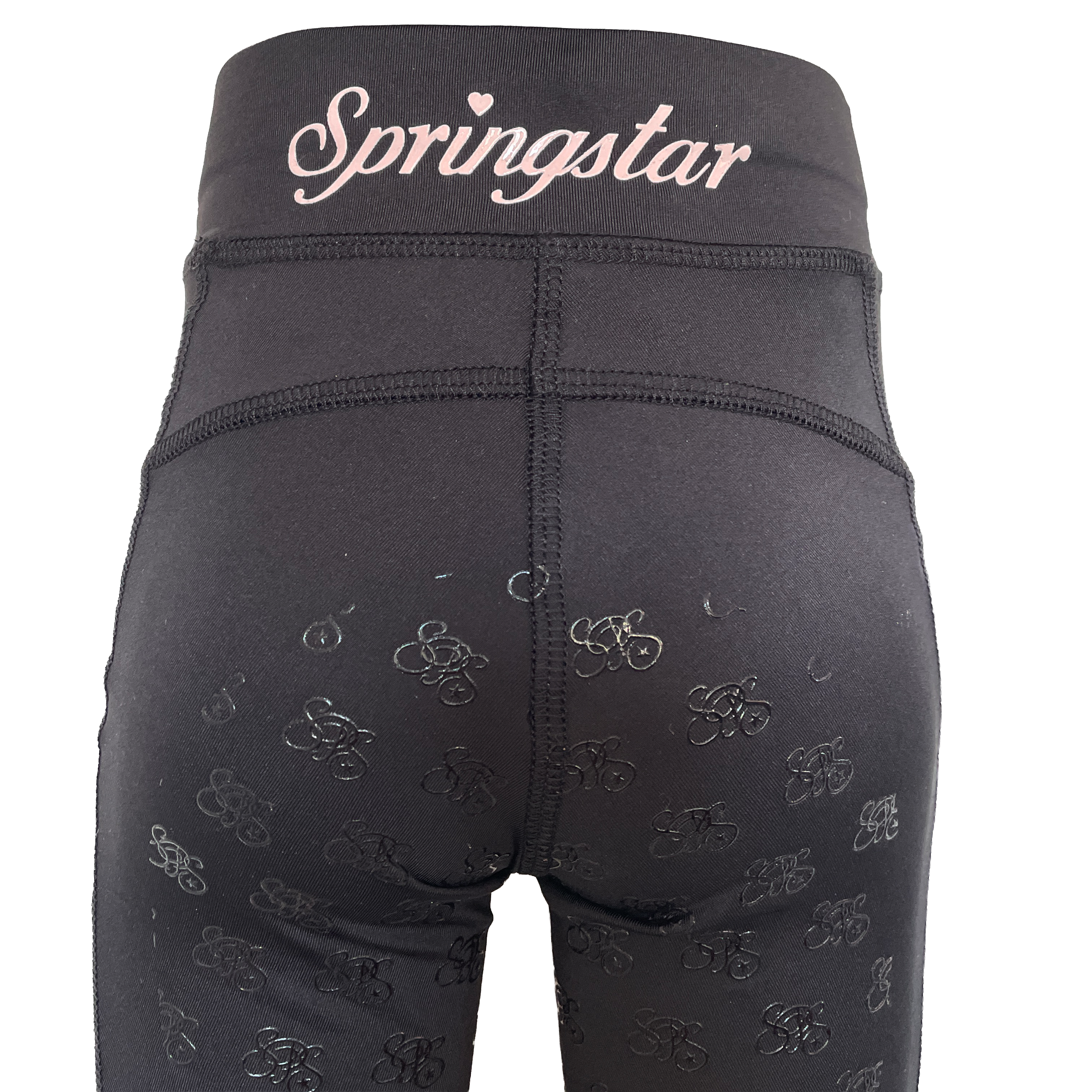 Detailaufnahme der Rückseite der Kinder Reitleggings Sternenglück mit dem großen hellrosa Springstar-Schriftzug inklusive Herz-Detail auf dem Bund.