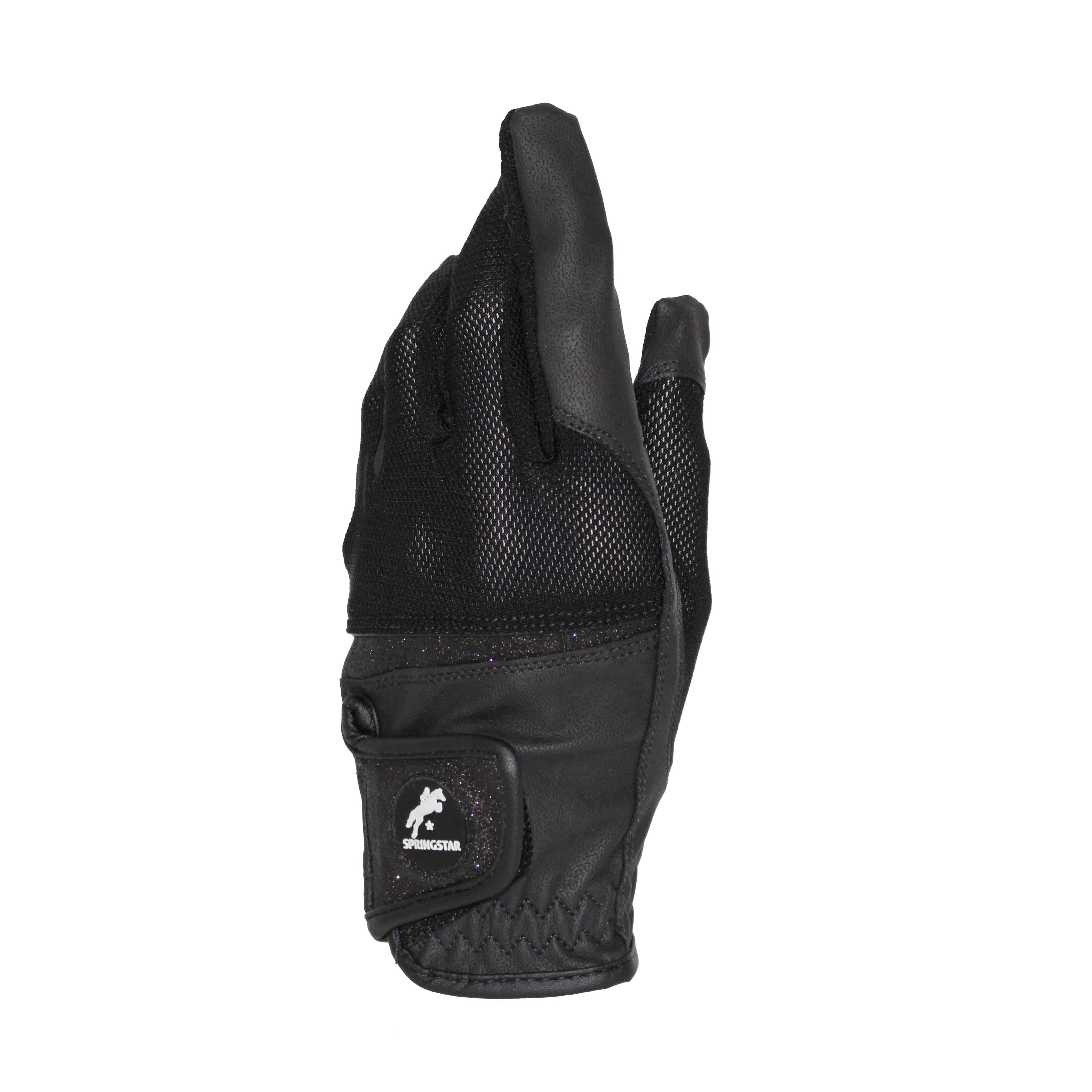 Handrücken des schwarzen Springstar Mesh-Reithandschuhs Glory 2.0 mit elastischem Mesh-Einsatz und schwarzem Glitzer-Klettverschluss.