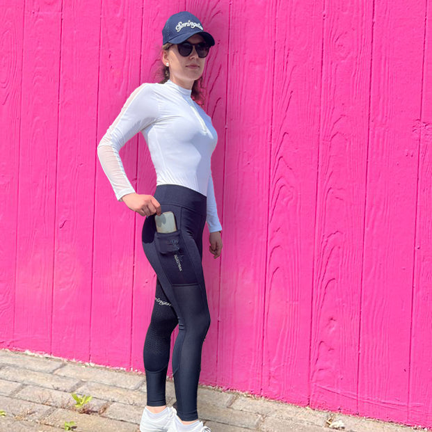 grip reitleggings mesh sommerwind navy funktionsshirt weiß handytasche kappe