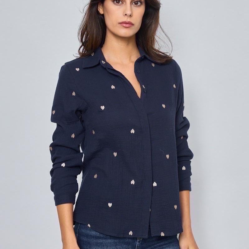 Musselin Bluse mit Herzen blau weiß