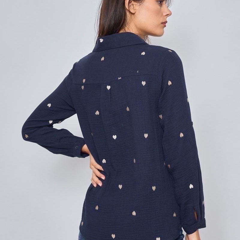 Musselin Bluse mit Herzen blau weiß