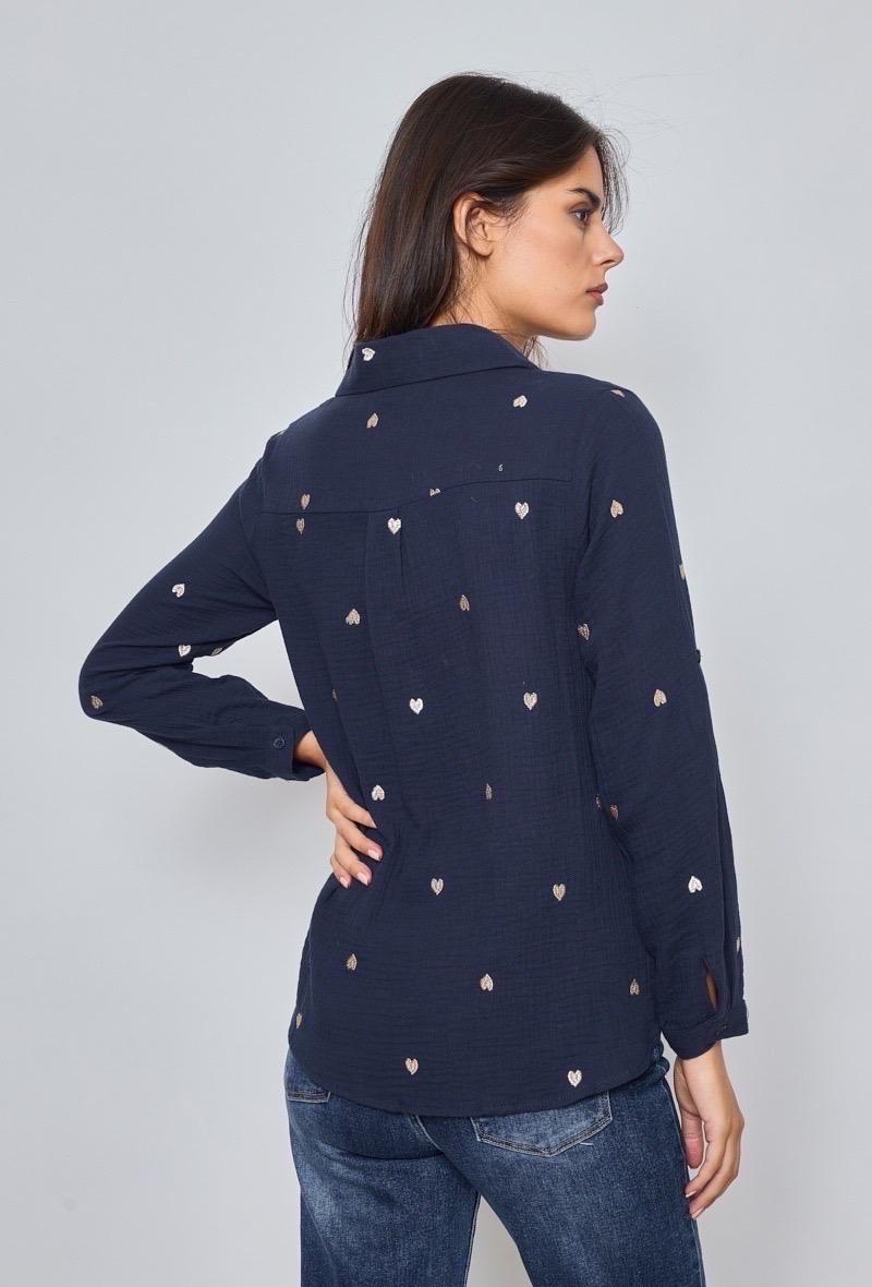 Musselin Bluse mit Herzen blau weiß