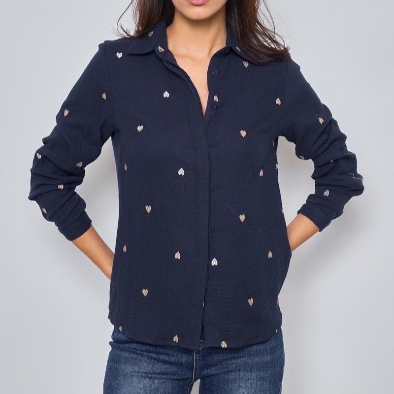 Musselin Bluse mit Herzen blau gold