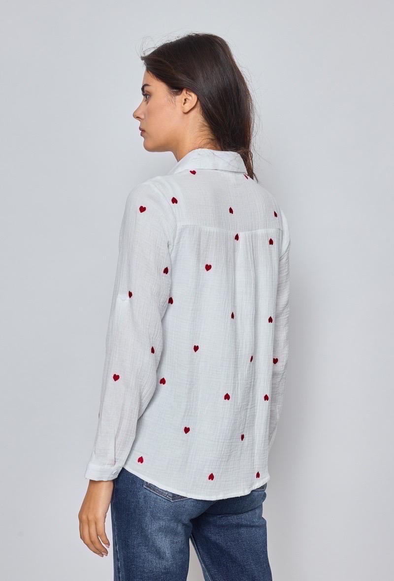 Musselin Bluse mit Herzen weiß rot