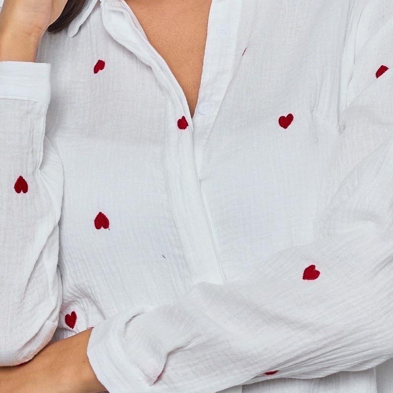 Musselin Bluse mit Herzen weiß rot