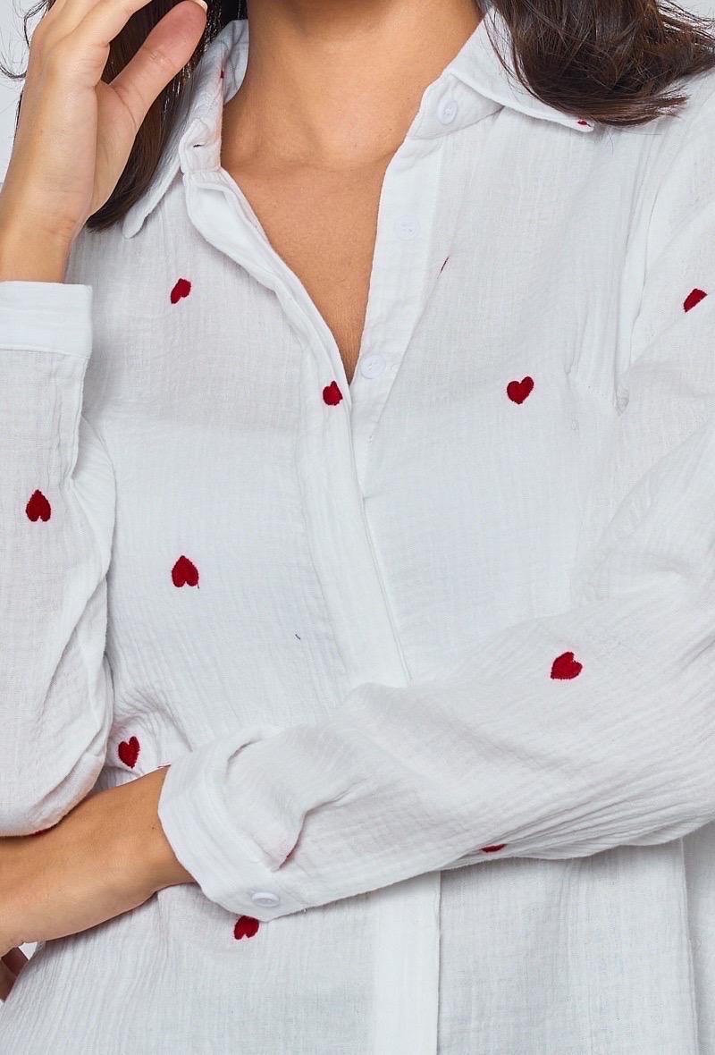 Musselin Bluse mit Herzen weiß rot