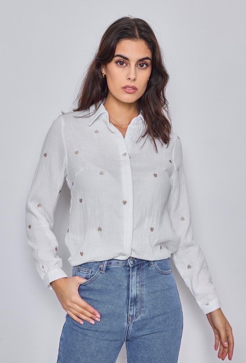 Musselin Bluse mit Herzen weiß gold#