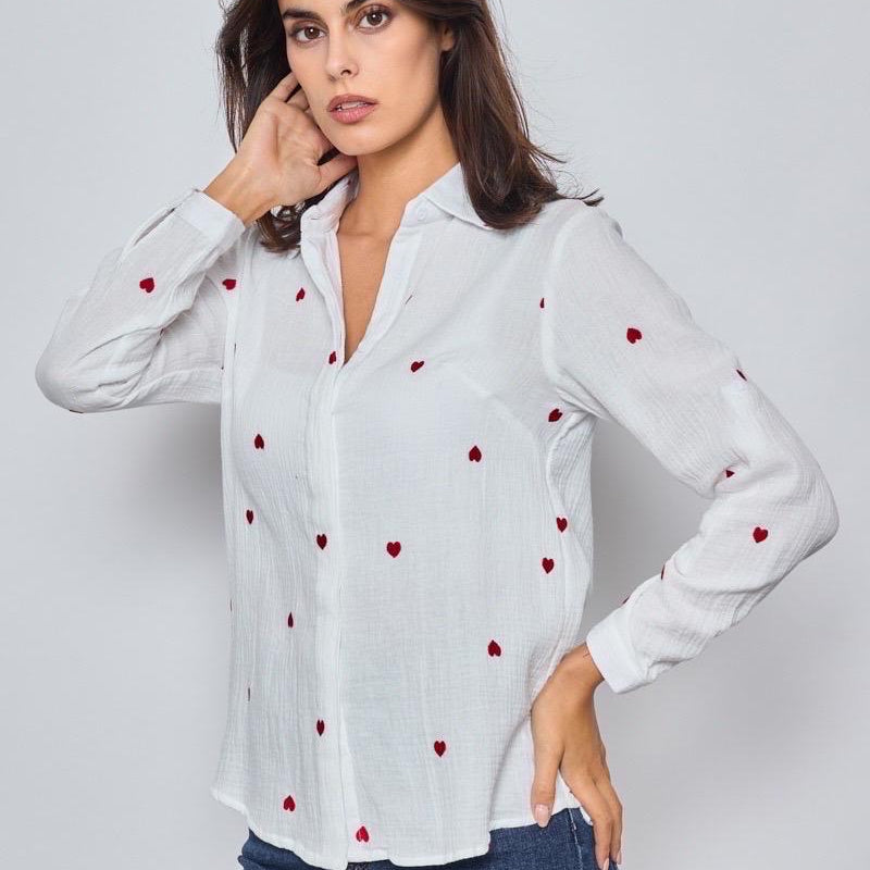 Musselin Bluse mit Herzen weiß rot