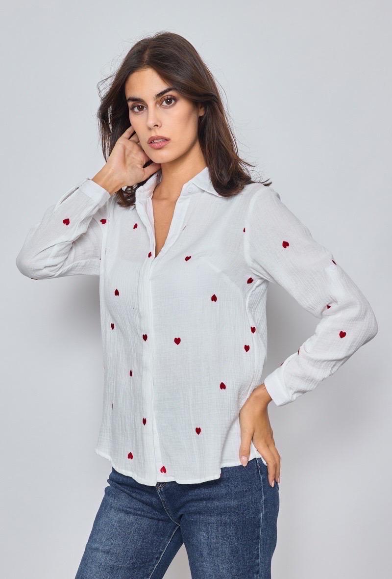 Musselin Bluse mit Herzen weiß rot