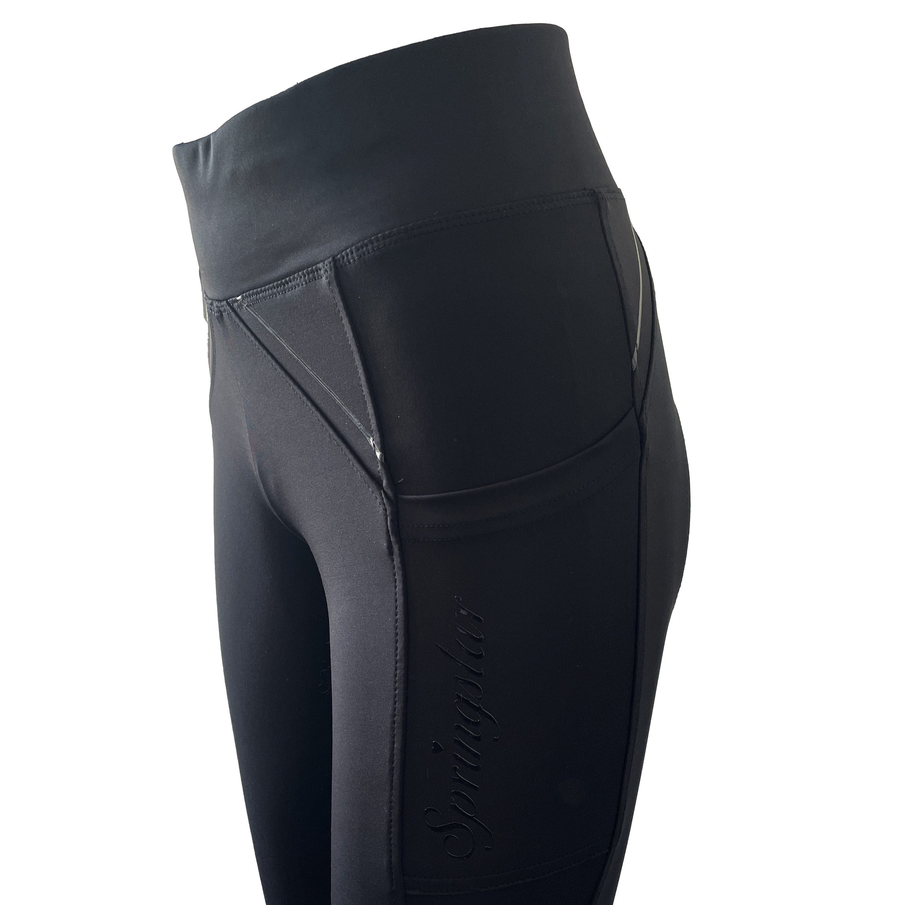 reitleggings schwarz nachhaltige reitbekleidung reithose reitleggins springstar handytasche highwaist silikon vollbesatz grip