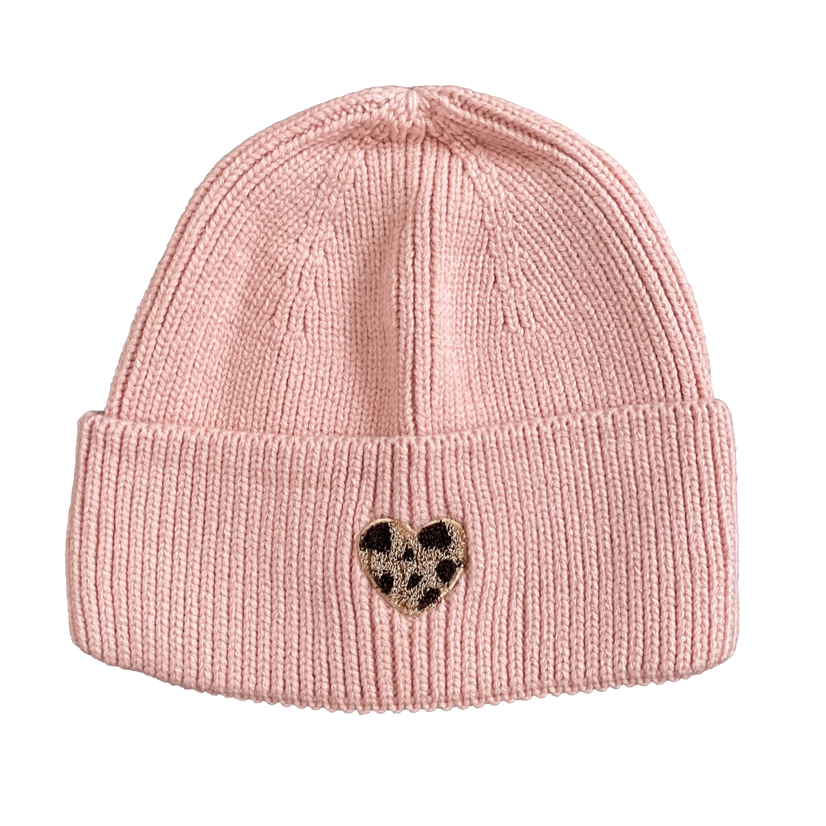damen winter strickmütze rosa mit herz patch im leo look