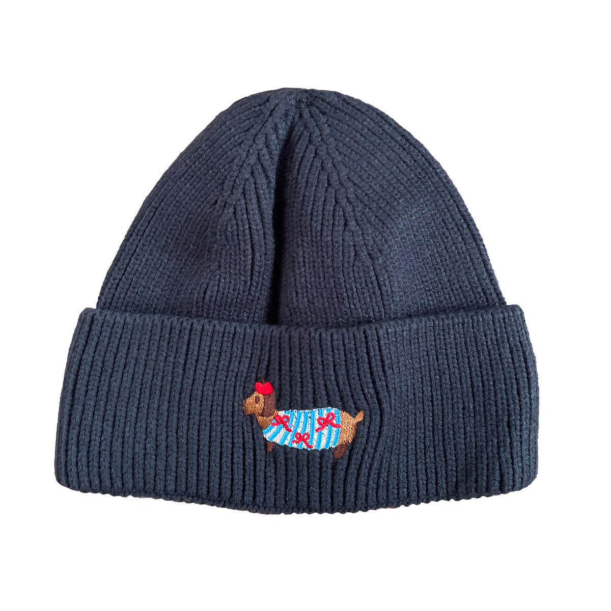 damen winter strickmütze sophie dackel stickerei schleifen dunkelblau