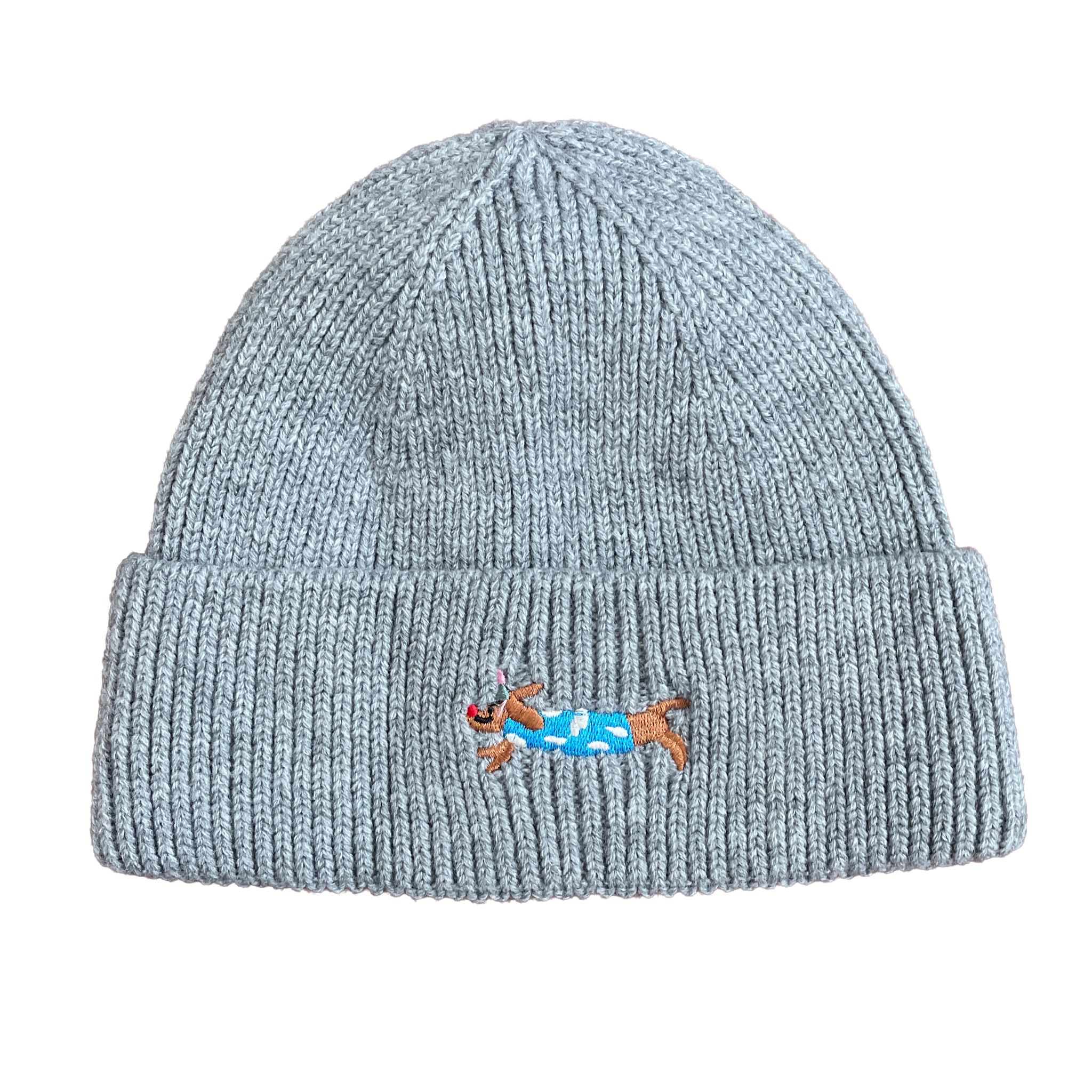 damen winter strickmütze sophie dackel stickerei grau mit partyhut