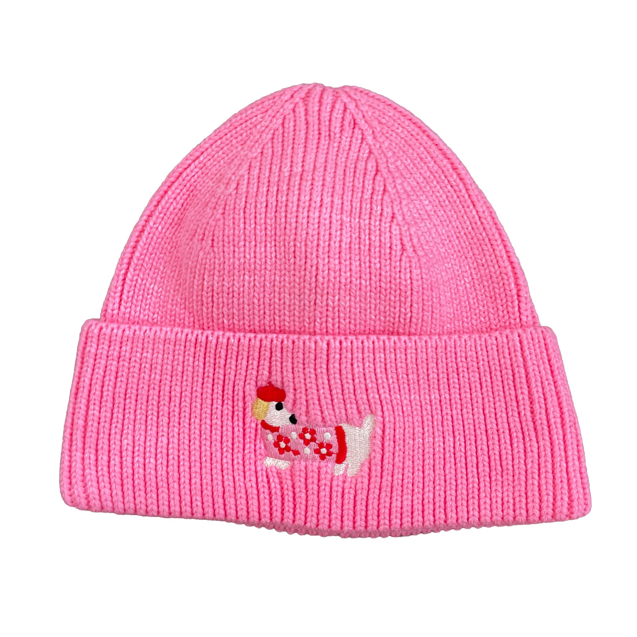 damen winter strickmütze sophie dackel stickerei blumen pink