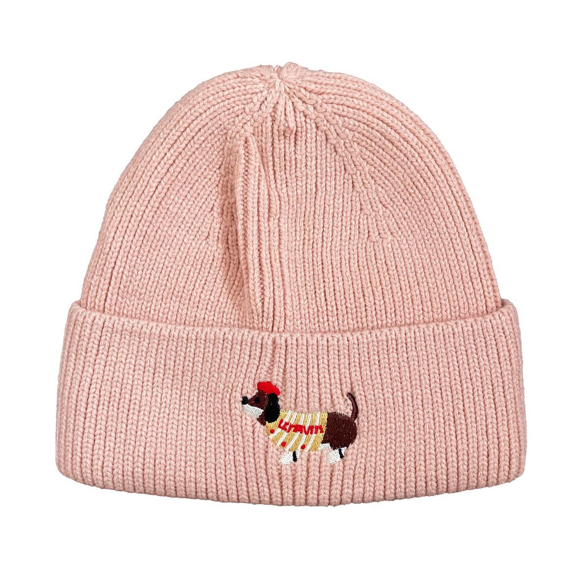 damen winter strickmütze sophie dackel stickerei rosa