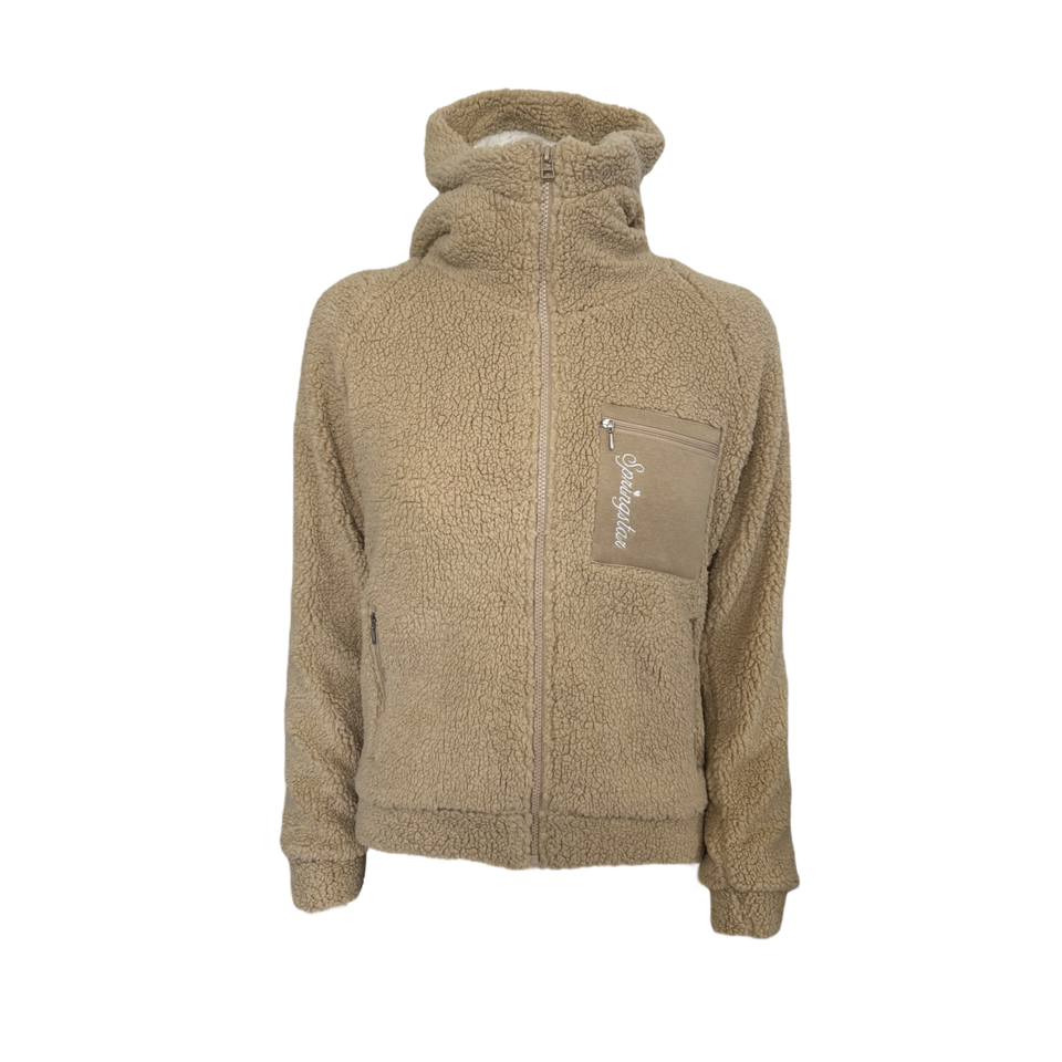 Teddy Jacke Damen Fleecejacke mit Kapuze beige