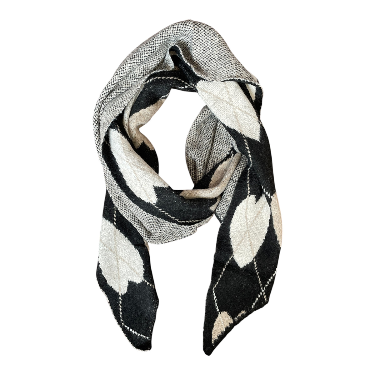 Strickschal Karomuster Schwarz Beige mit Herzen
