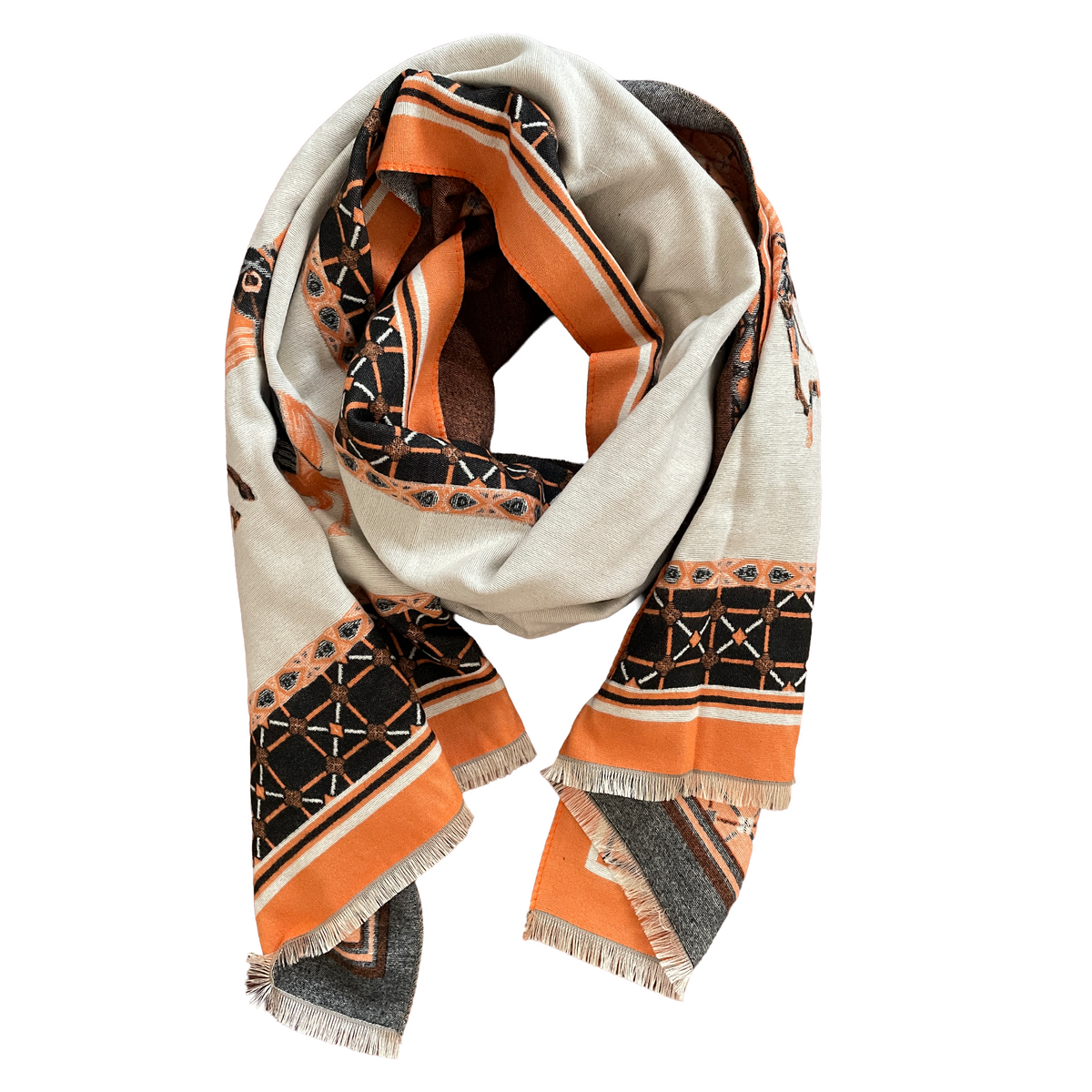 Eleganter Wollschal mit eingewebten Pferdemotiv Springstar Beige Braun Orange