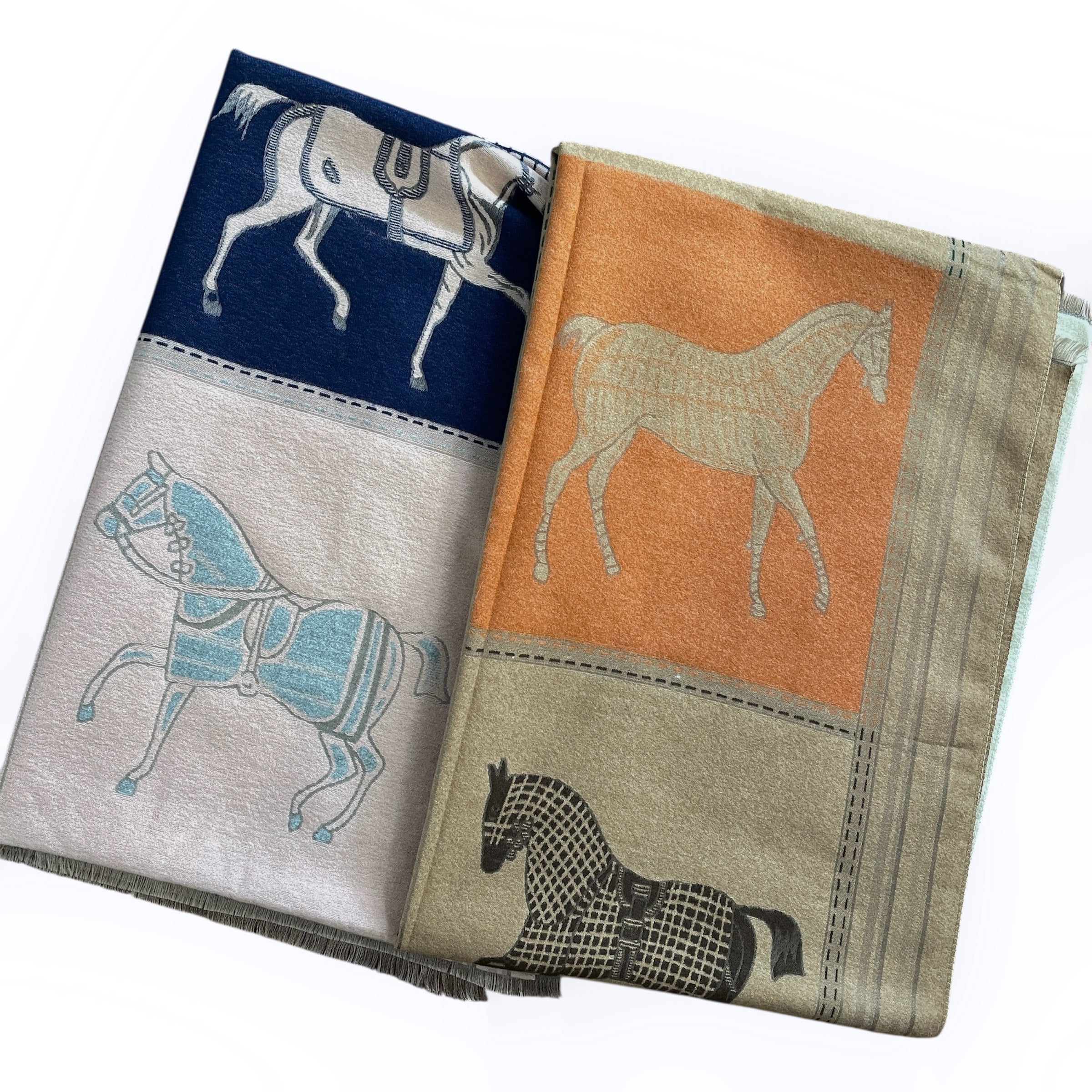 edler wollschal mit pferdemotiv beige rosa orange marine blau