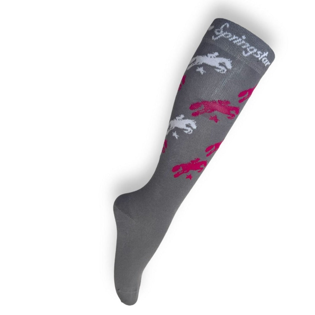 KindeReitsocken Kinder Grau Pink Pferdemotiv